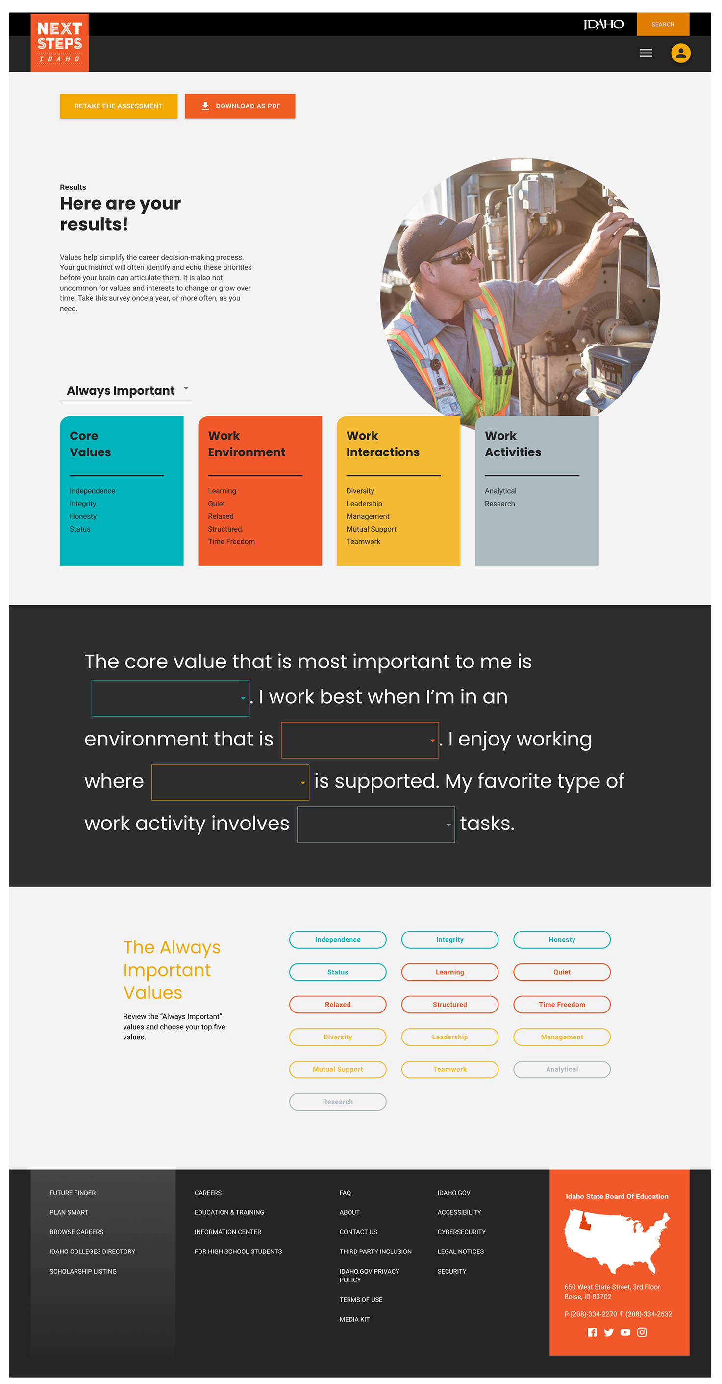 A webpage titled "Next Steps Idaho" showing results from a career values assessment, including sections on core values, work environment, work interactions, and work activities, with a photo of a man working with machinery.