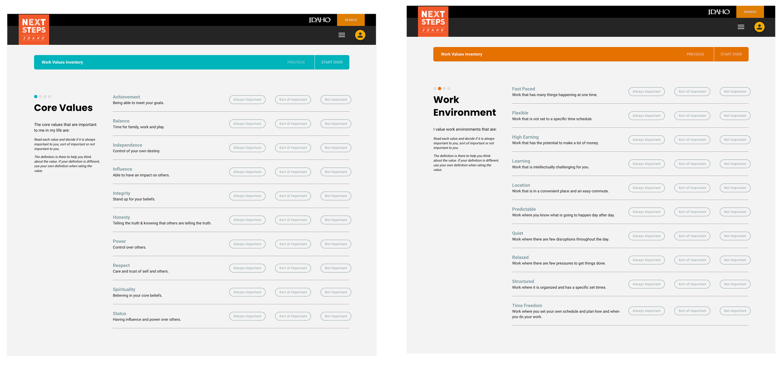 Two web pages from Next Steps Idaho, showing inventory lists of core values and work environment qualities, with options to mark importance.