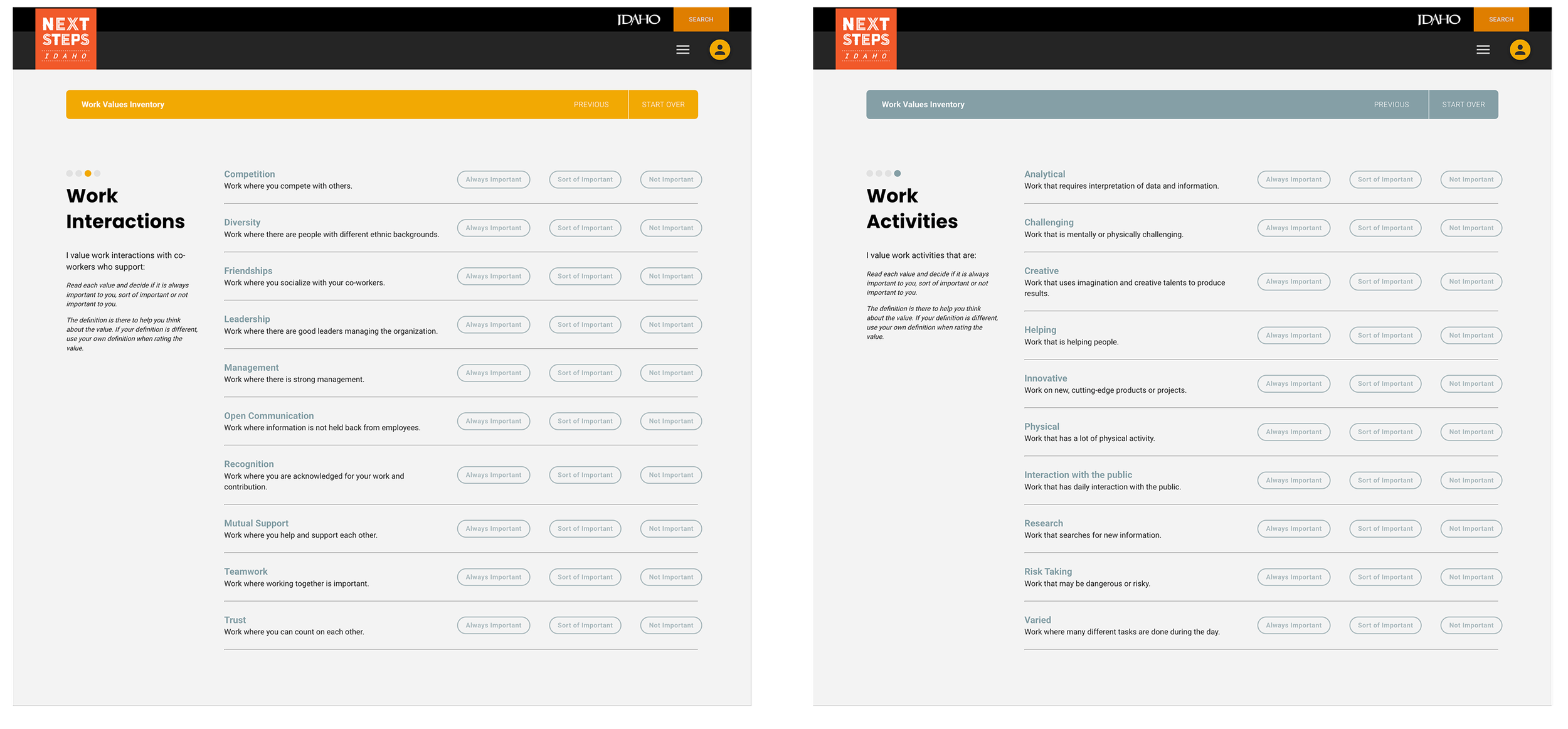 A web page titled 'Work Values Inventory' from Idaho's 'Next Steps' website, displaying two different sections: 'Work Interactions' on the left and 'Work Activities' on the right, with lists of related items and descriptions.