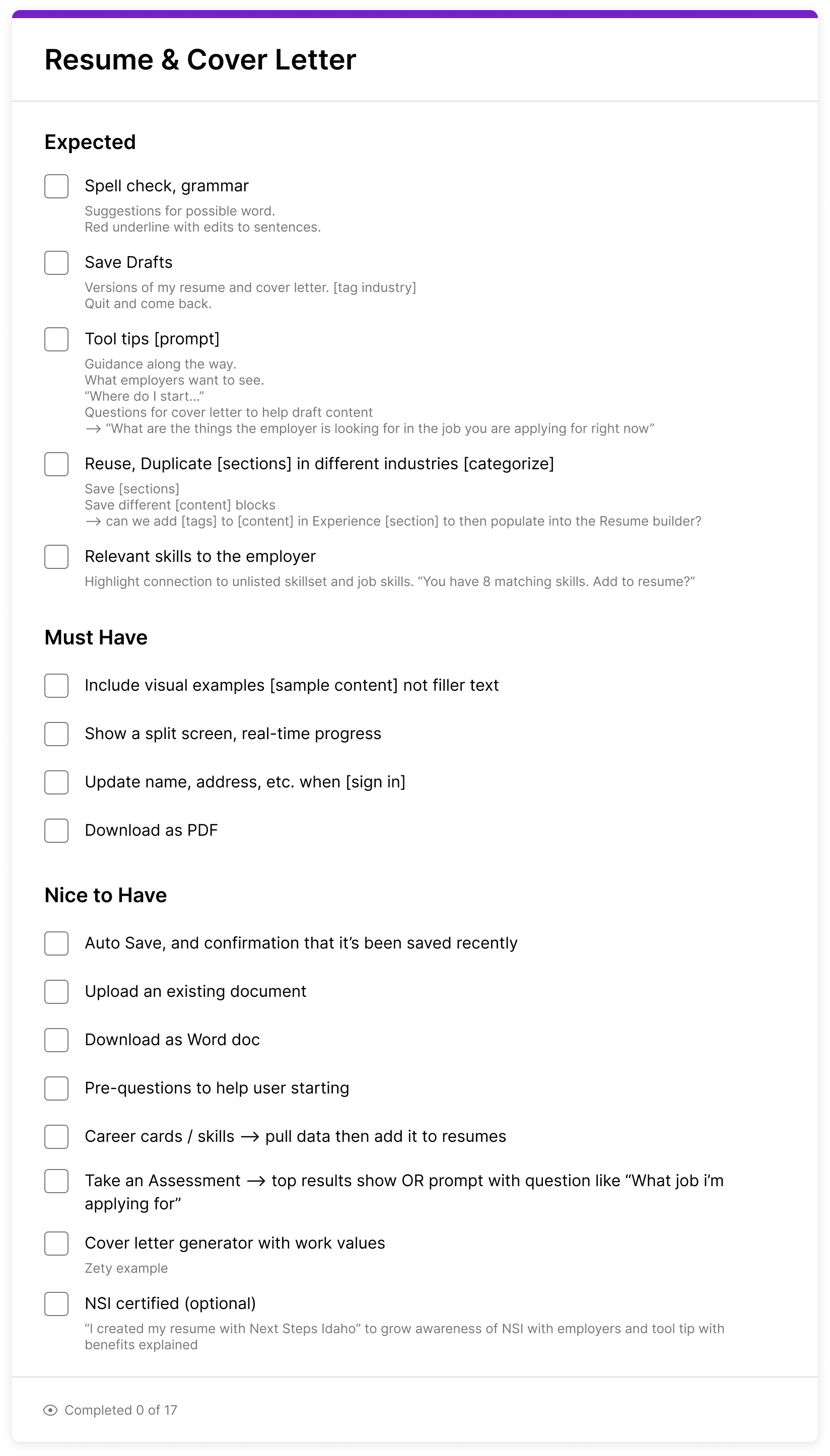 A checklist document titled "Resume & Cover Letter" with sections for 'Expected', 'Must Have', and 'Nice to Have' items related to resume and cover letter preparation, including tips, features, and optional tools.