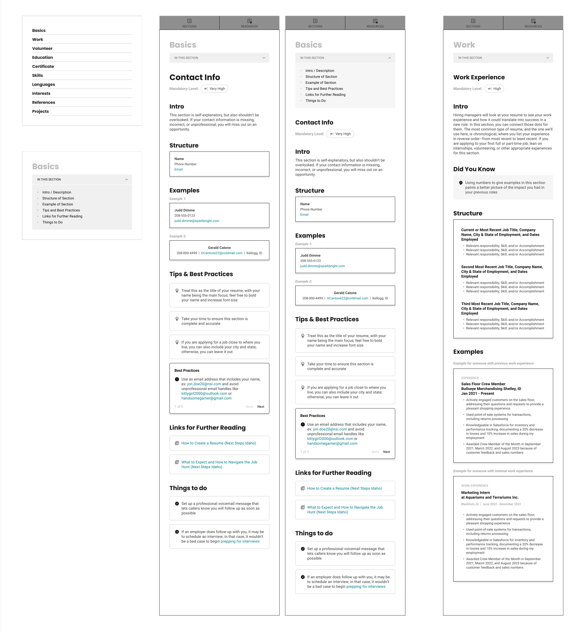 Three different webpages depicting a resume-writing guide with sections on contact info, work experience, examples, tips, links, and things to do, each designed with a similar layout and content.