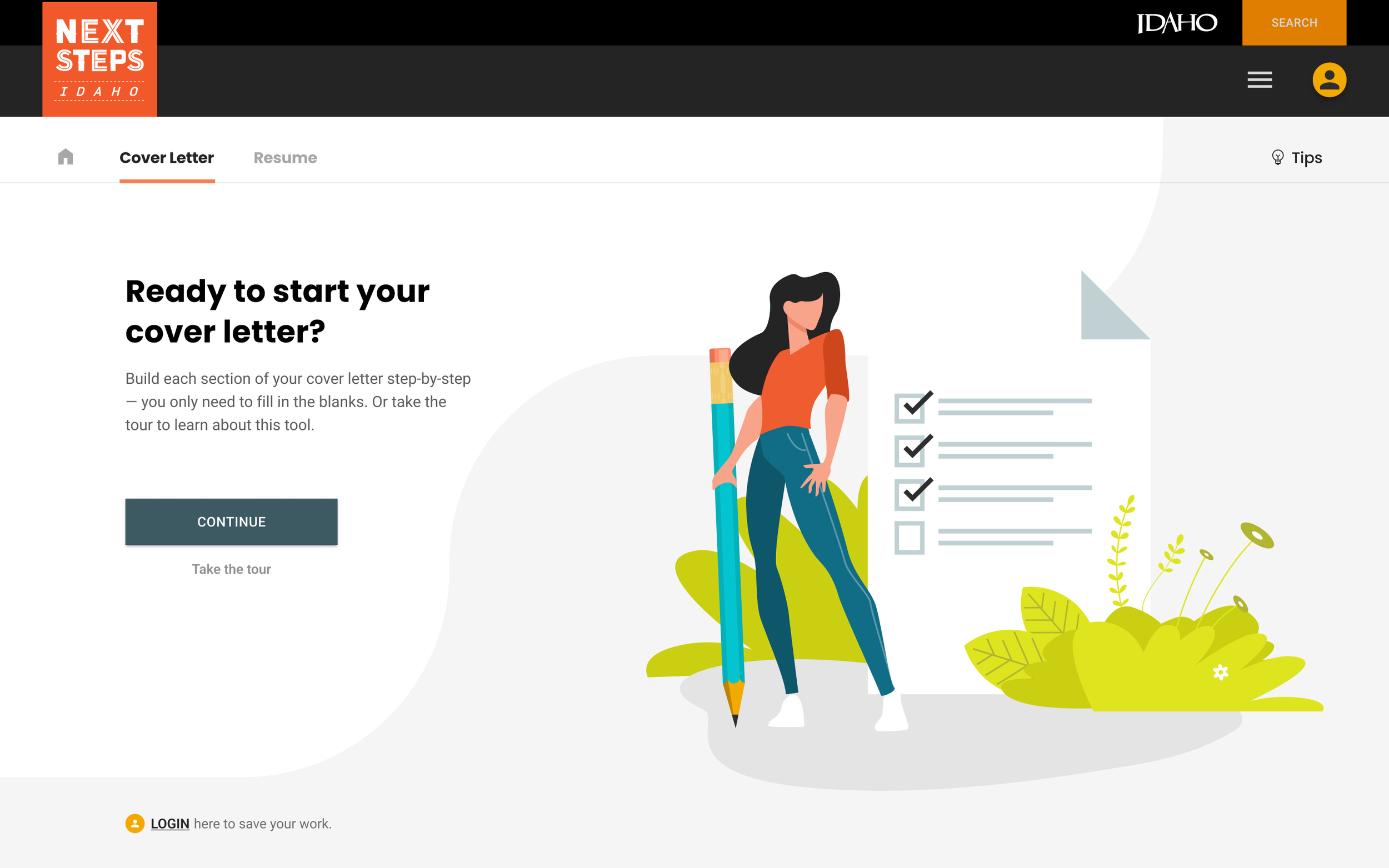 Illustration of a woman holding a giant pencil, standing next to checklists, with green plants in the background, on a website that guides building a cover letter.