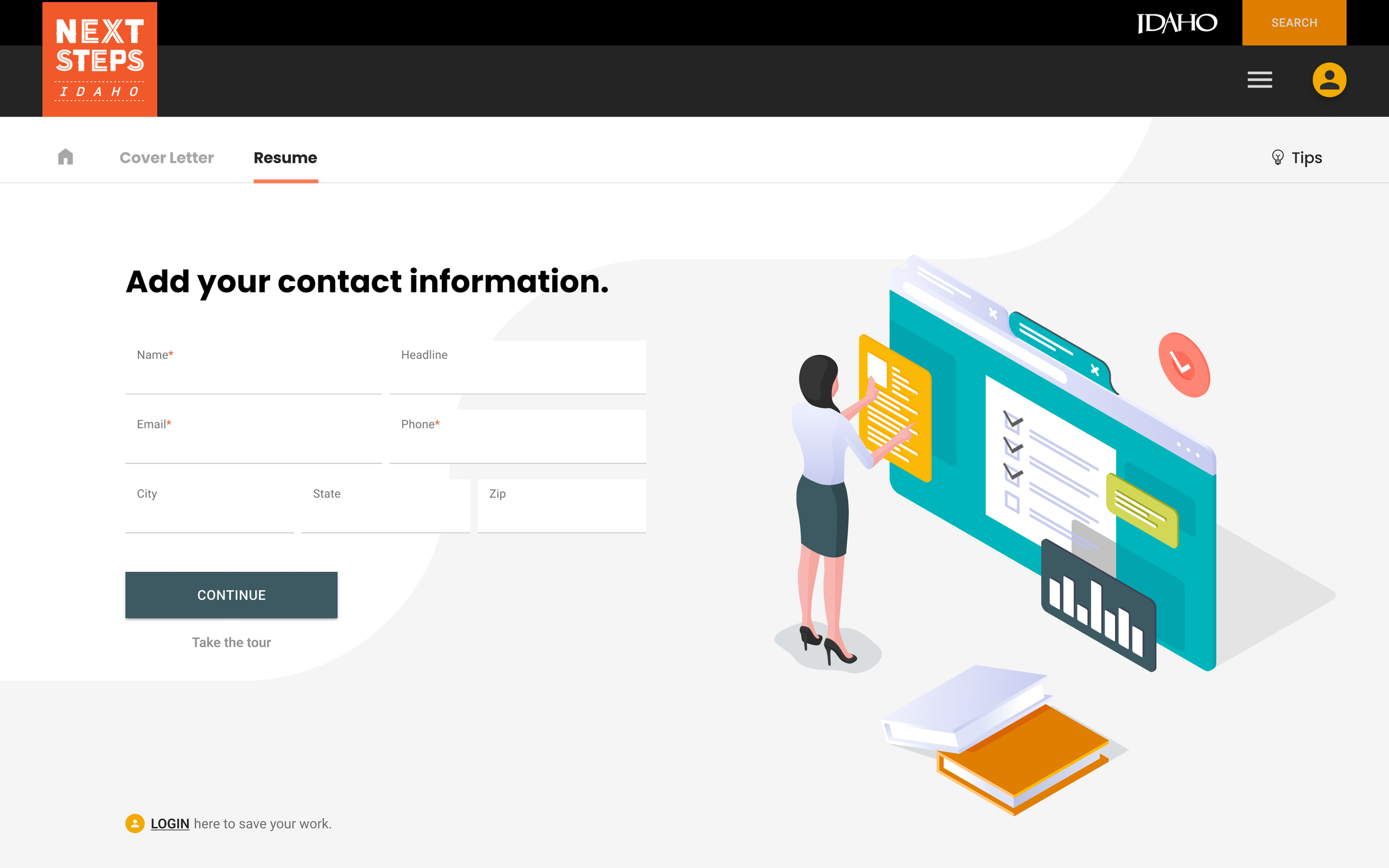 Online resume website with a form to add contact information, featuring a woman interacting with a digital interface illustration, with books placed nearby.