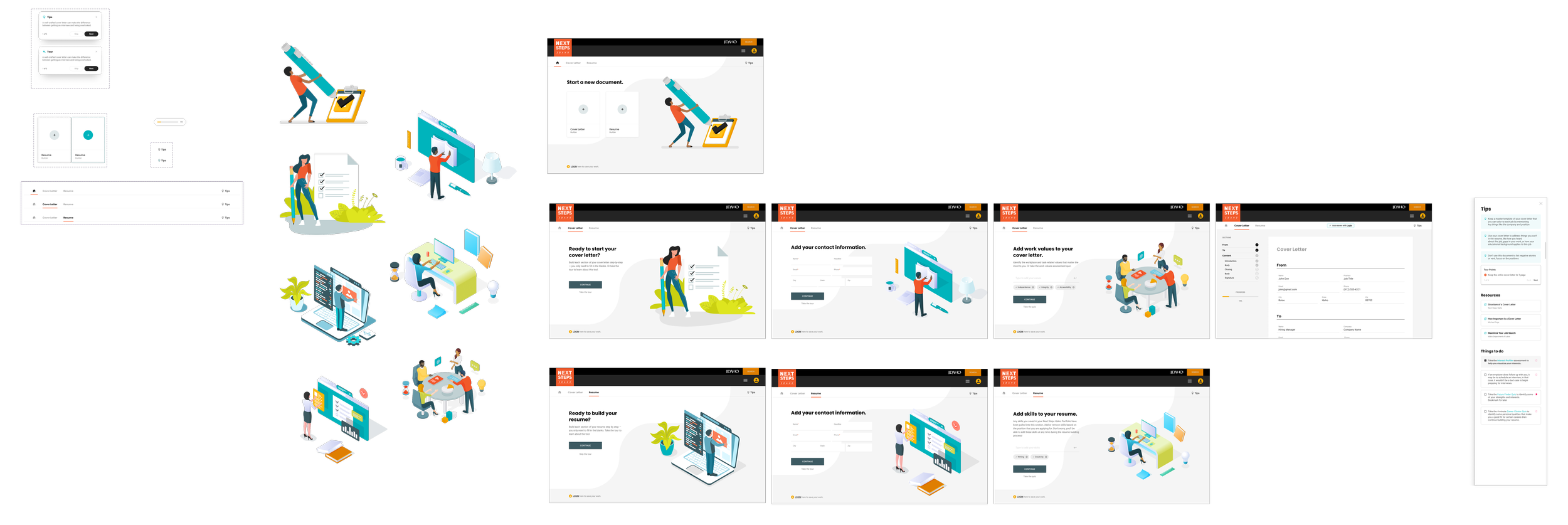 Illustrated step-by-step process of creating a professional cover letter and resume on a computer, with characters filling out forms, adding contact and skills information, and reviewing resources.