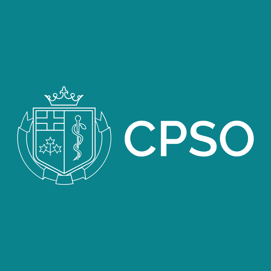 The image features a teal background with a white emblem on the left, consisting of a shield with symbolic elements, topped with a crown and flanked by a wreath. To the right of the emblem, the acronym 'CPSO' is displayed in bold white letters.