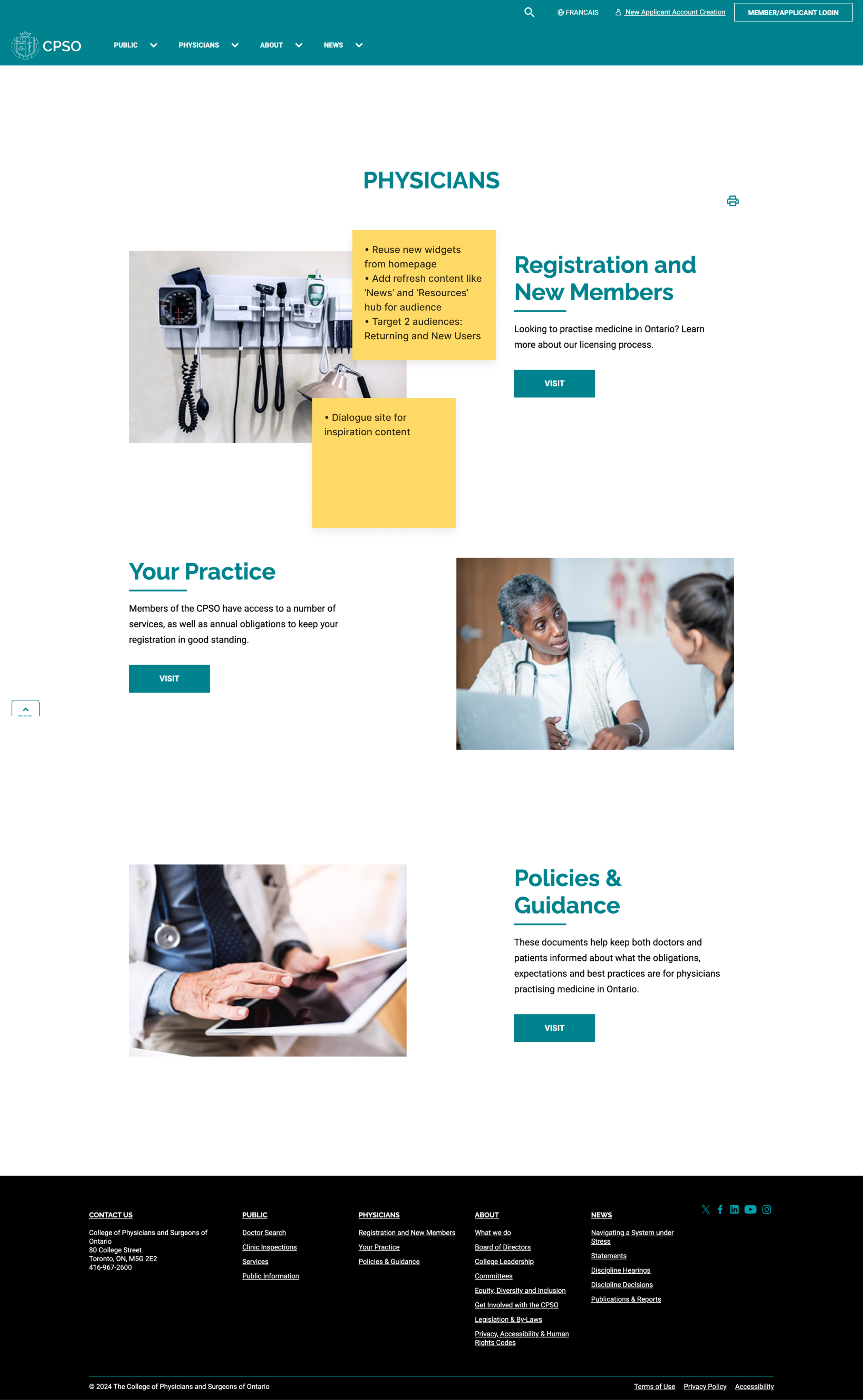 Website homepage of the College of Physicians and Surgeons of Ontario, featuring sections on registration, practice, policies, and guidance, with images of medical equipment, a doctor consulting a patient, and a doctor using a tablet.