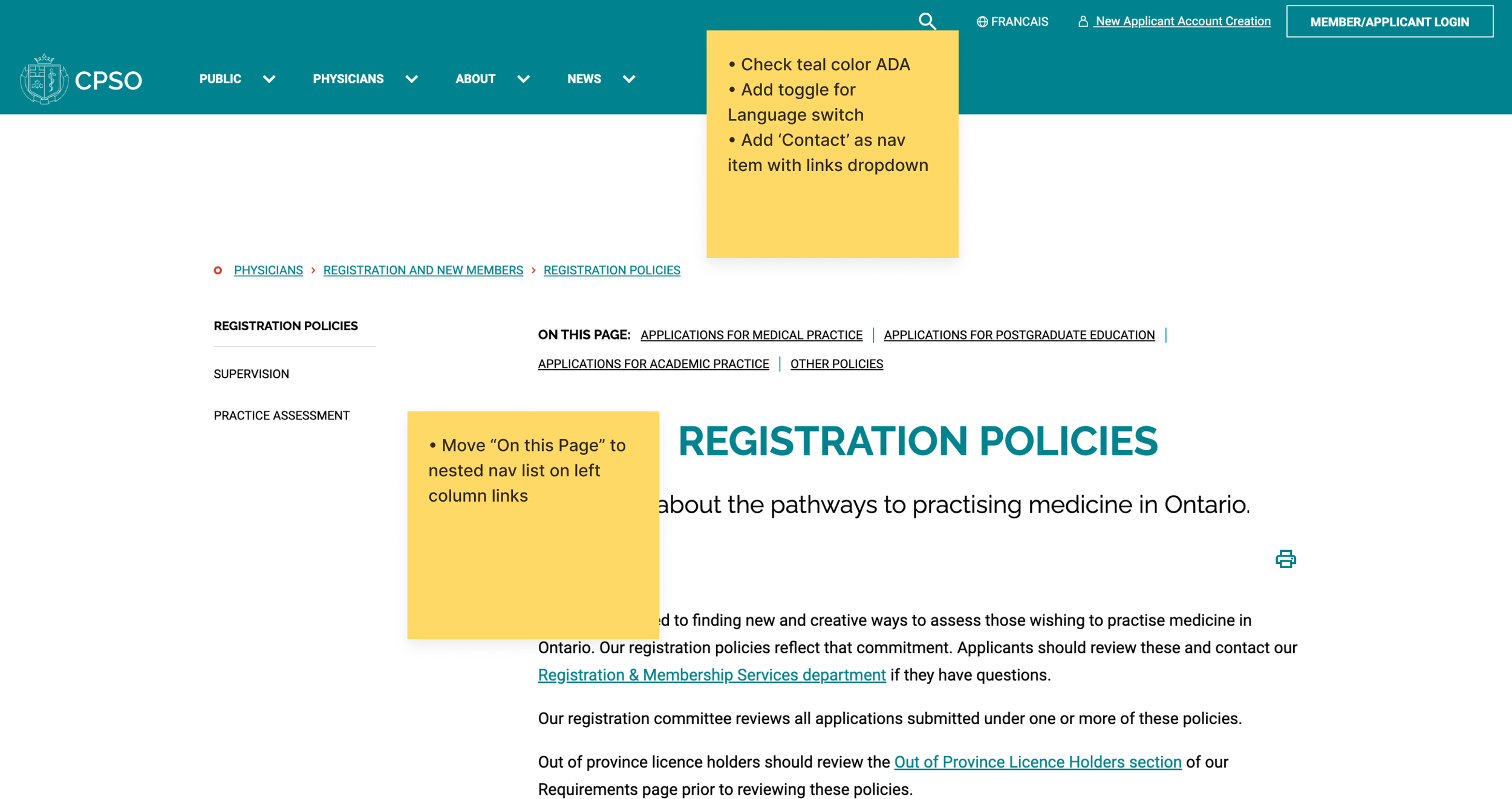 Screenshot of a website page titled "Registration Policies" on cpsp.on.ca, with a teal header featuring the CPSO logo, navigation links, and a yellow sticky note with instructions for navigation and making accessibility enhancements.