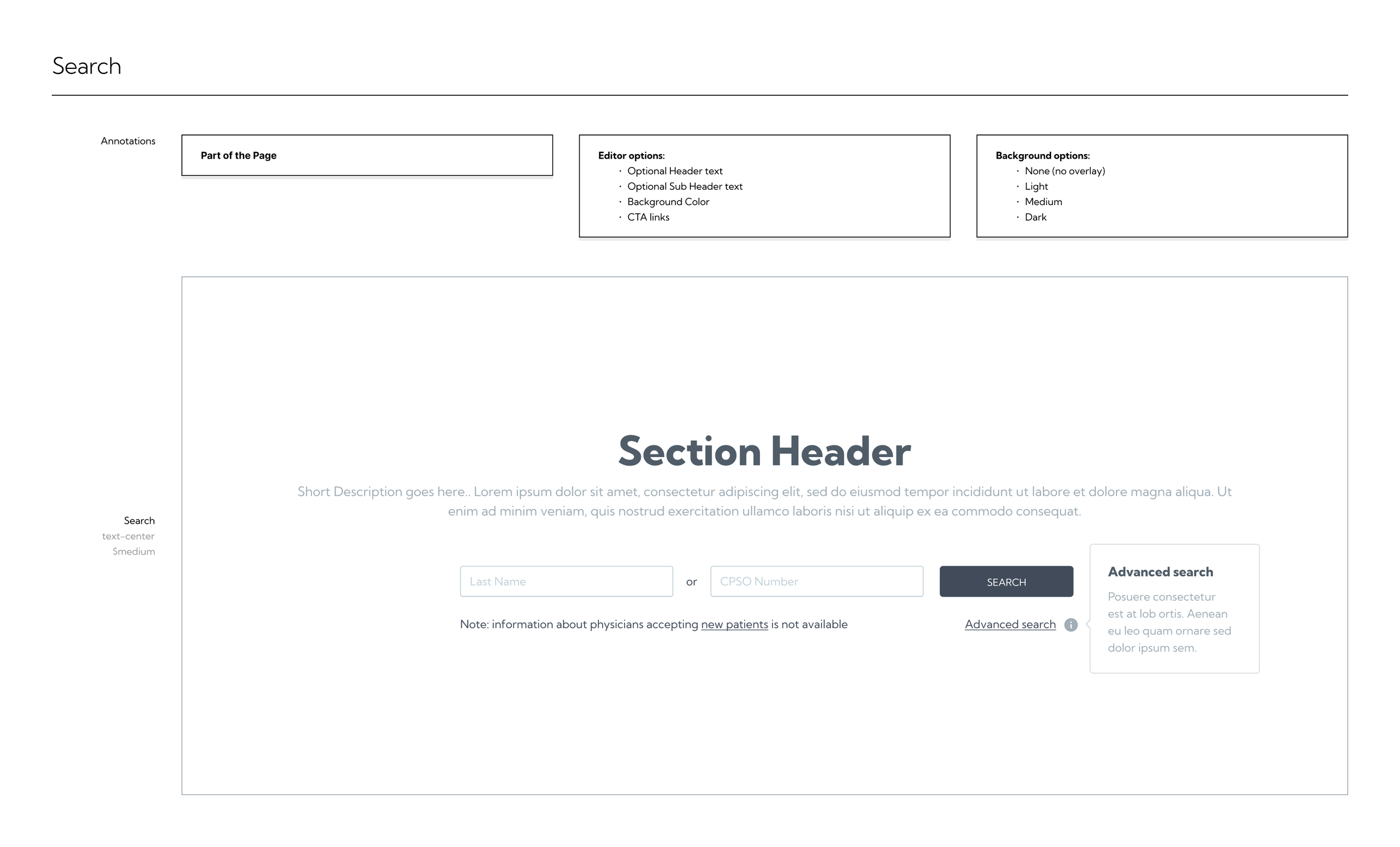 A website wireframe for a search page, featuring a large section header, search input fields for last name or CPSO number, and an advanced search option, with placeholders and instructional text.