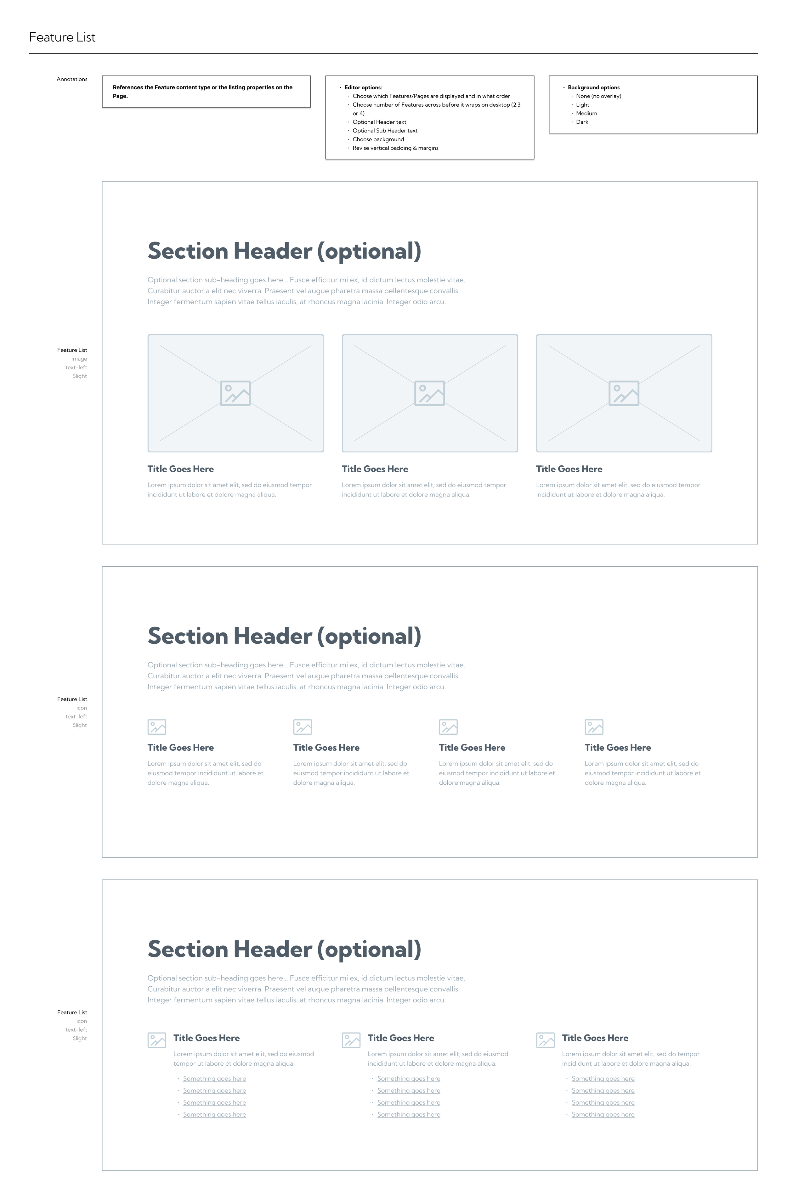 A webpage layout template titled 'Feature List', displaying sections with optional headers, images, titles, and descriptions, organized in three parts with placeholder text and icons.