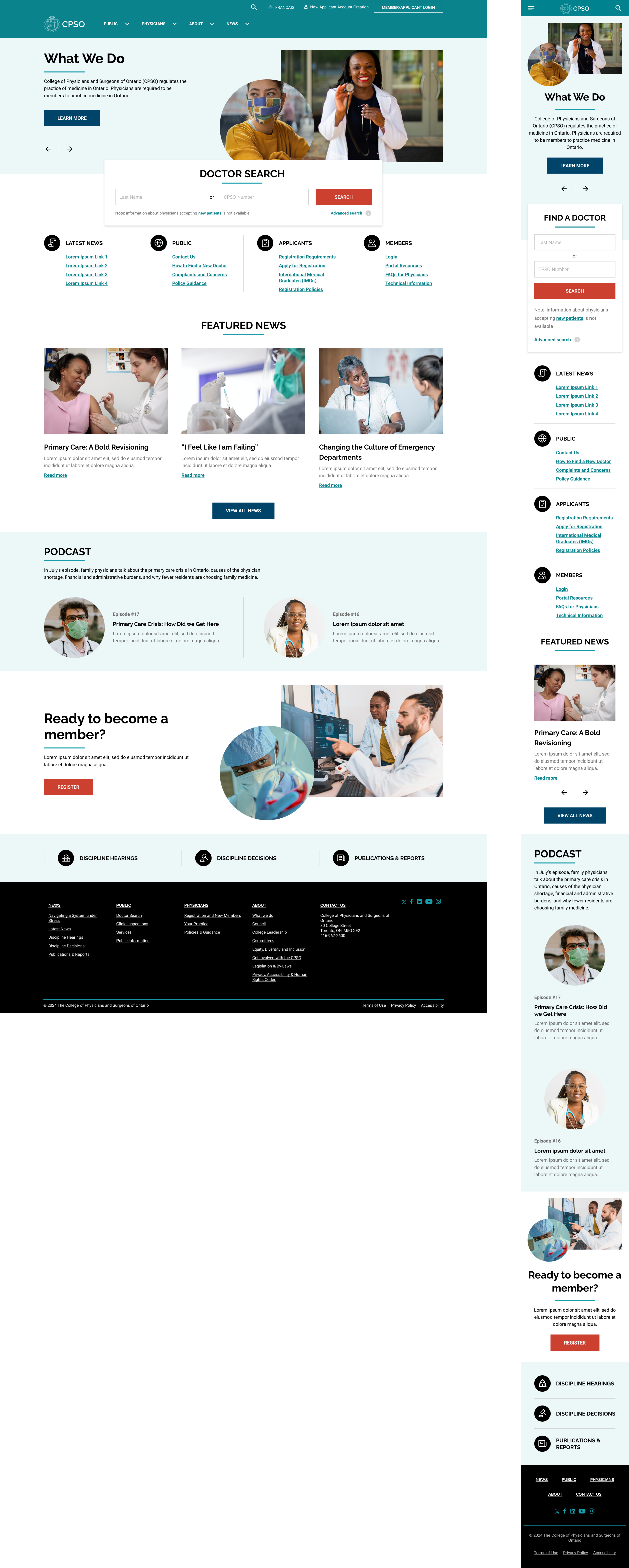 College of Physicians and Surgeons of Ontario website homepage featuring sections for news, public info, applicant info, and member login. The page includes images of doctors, nurses, and patients, with a prominent doctor search box and news articles on medical topics.