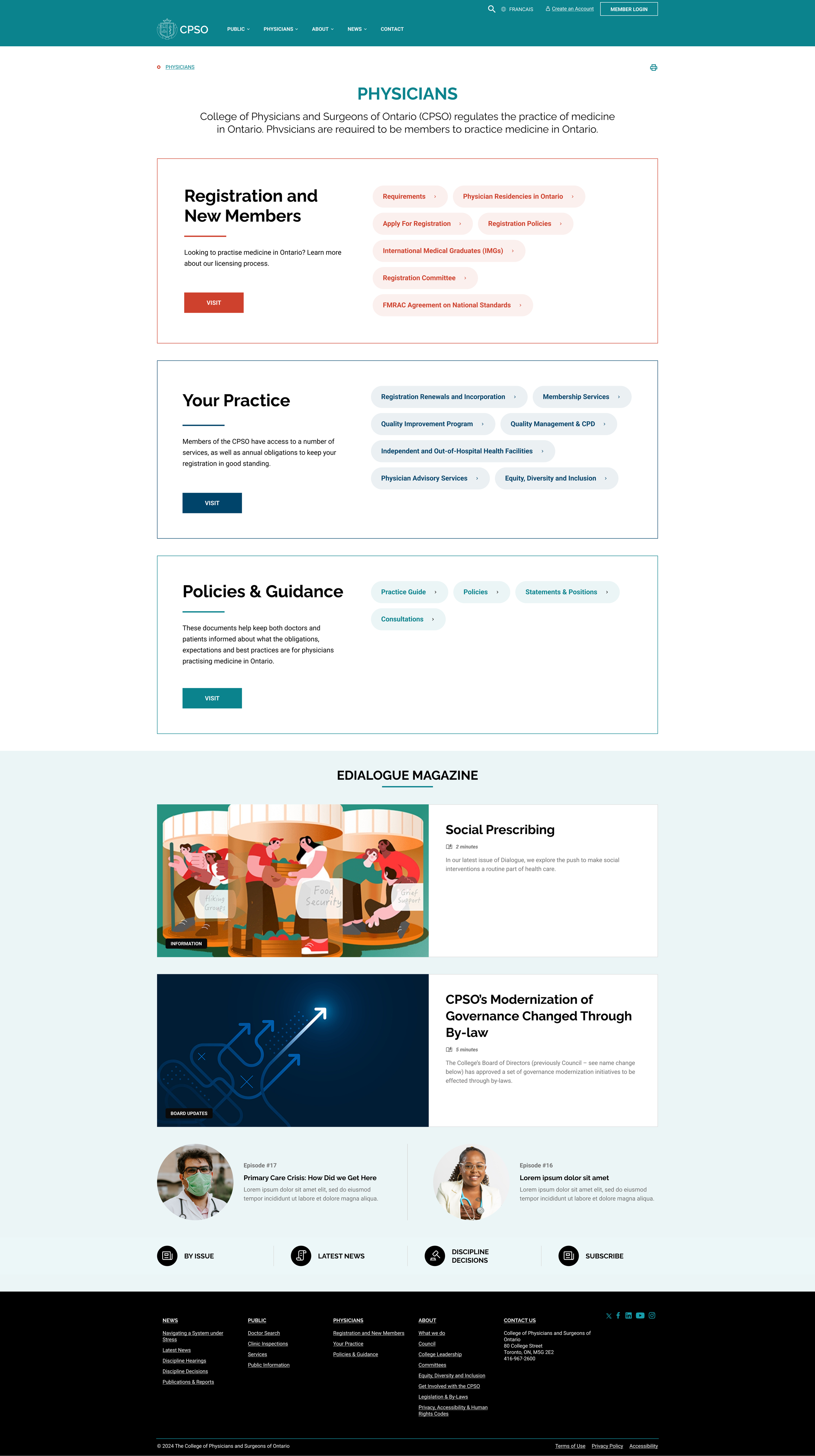 College of Physicians and Surgeons of Ontario website homepage featuring sections for physicians, practice management, policies, and magazine articles.