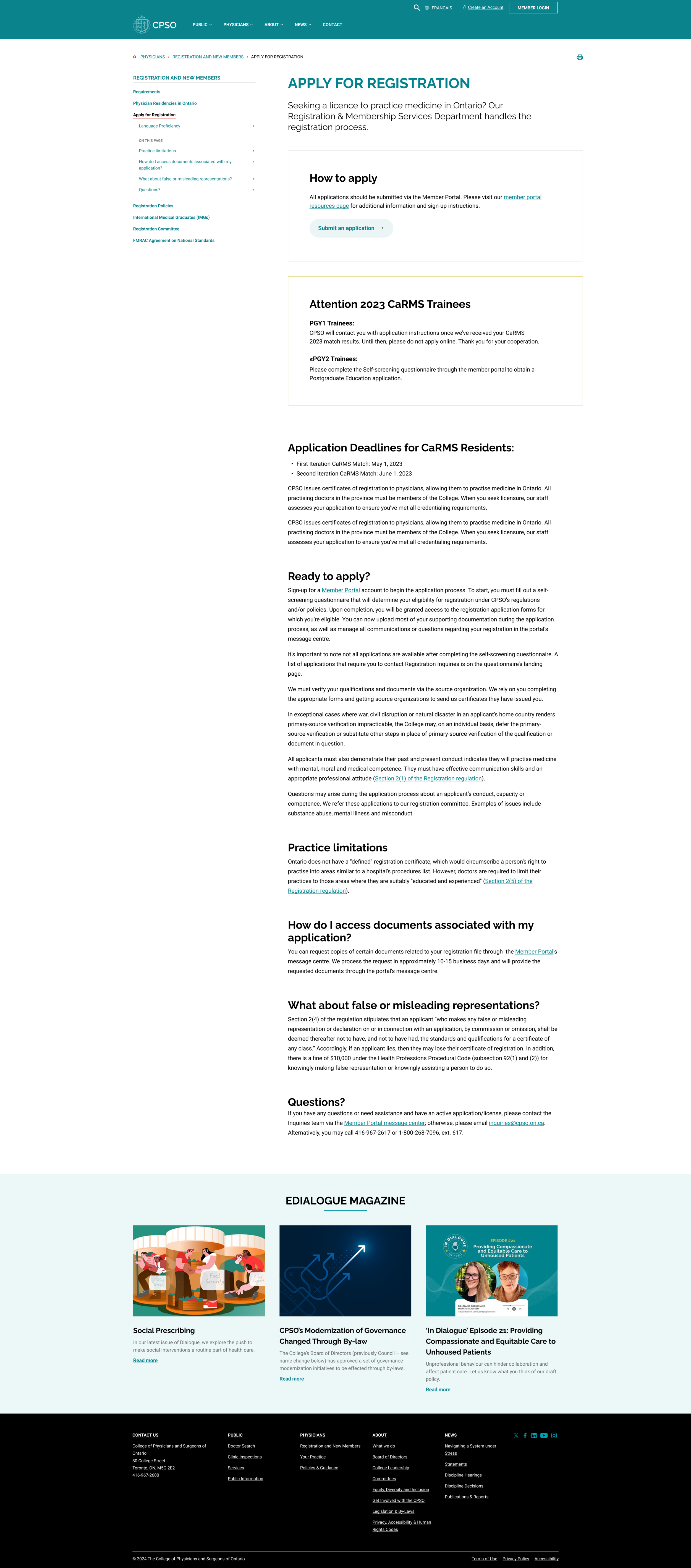 Webpage for applying for registration with the College of Physicians and Surgeons of Ontario, displaying instructions, deadlines, and information for medical licensure applicants.