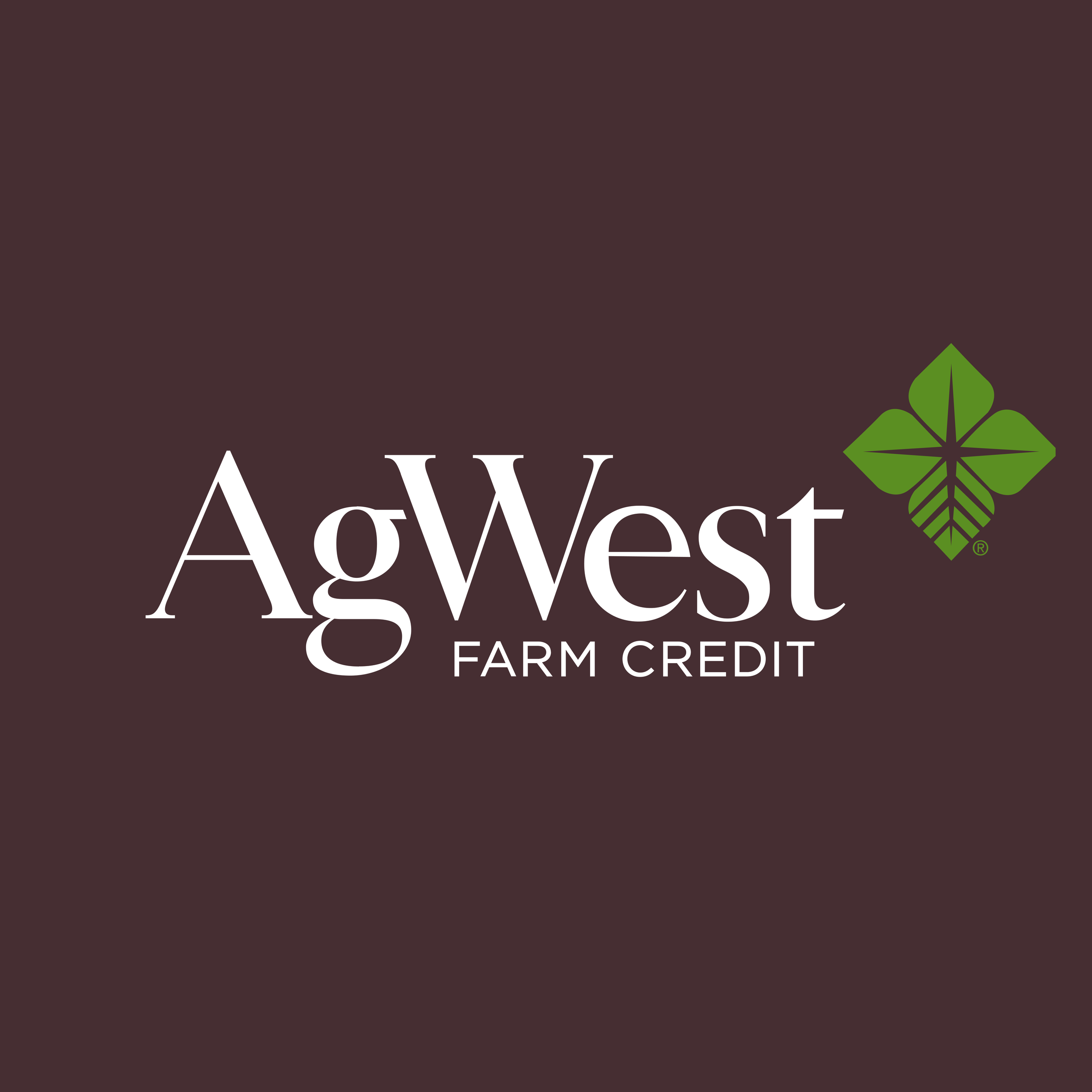 Logo of AgWest Farm Credit featuring stylized green leaf and white text on a dark background.
