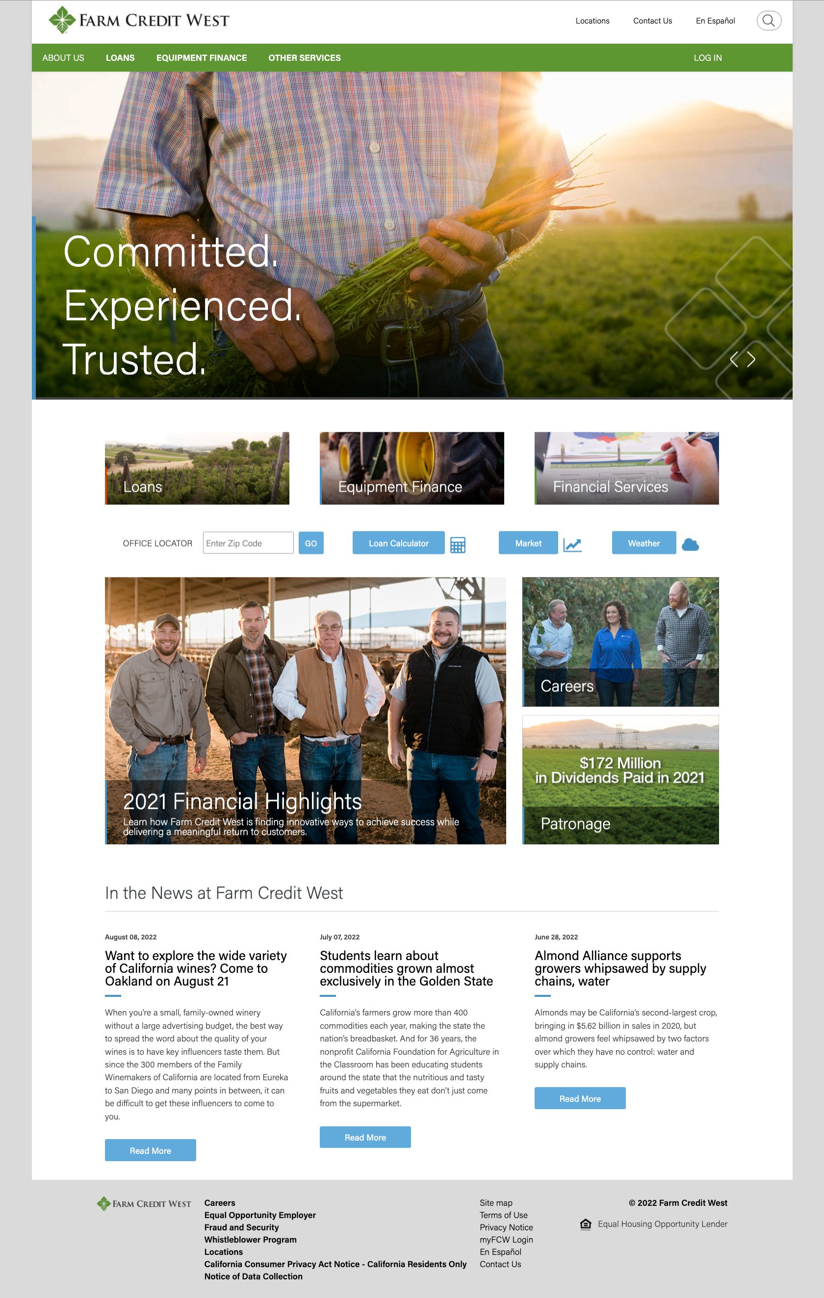 Screenshot of Farm Credit West old website homepage featuring a farmer holding a plant with a sunset background, navigation menu, and various sections highlighting financial highlights, careers, dividends, and news articles.