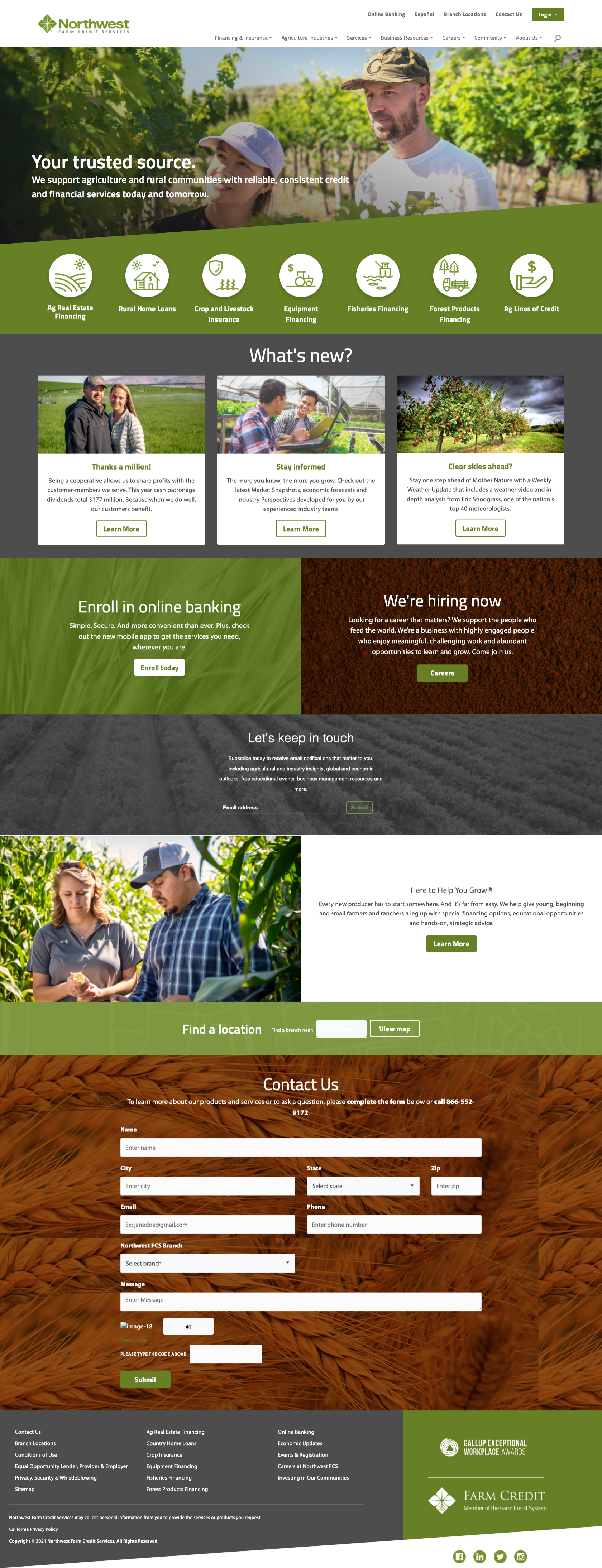 Screenshot of Northwest Farm Credit Services old website homepage featuring farming and finance services, images of farmers in fields, and an online contact form.
