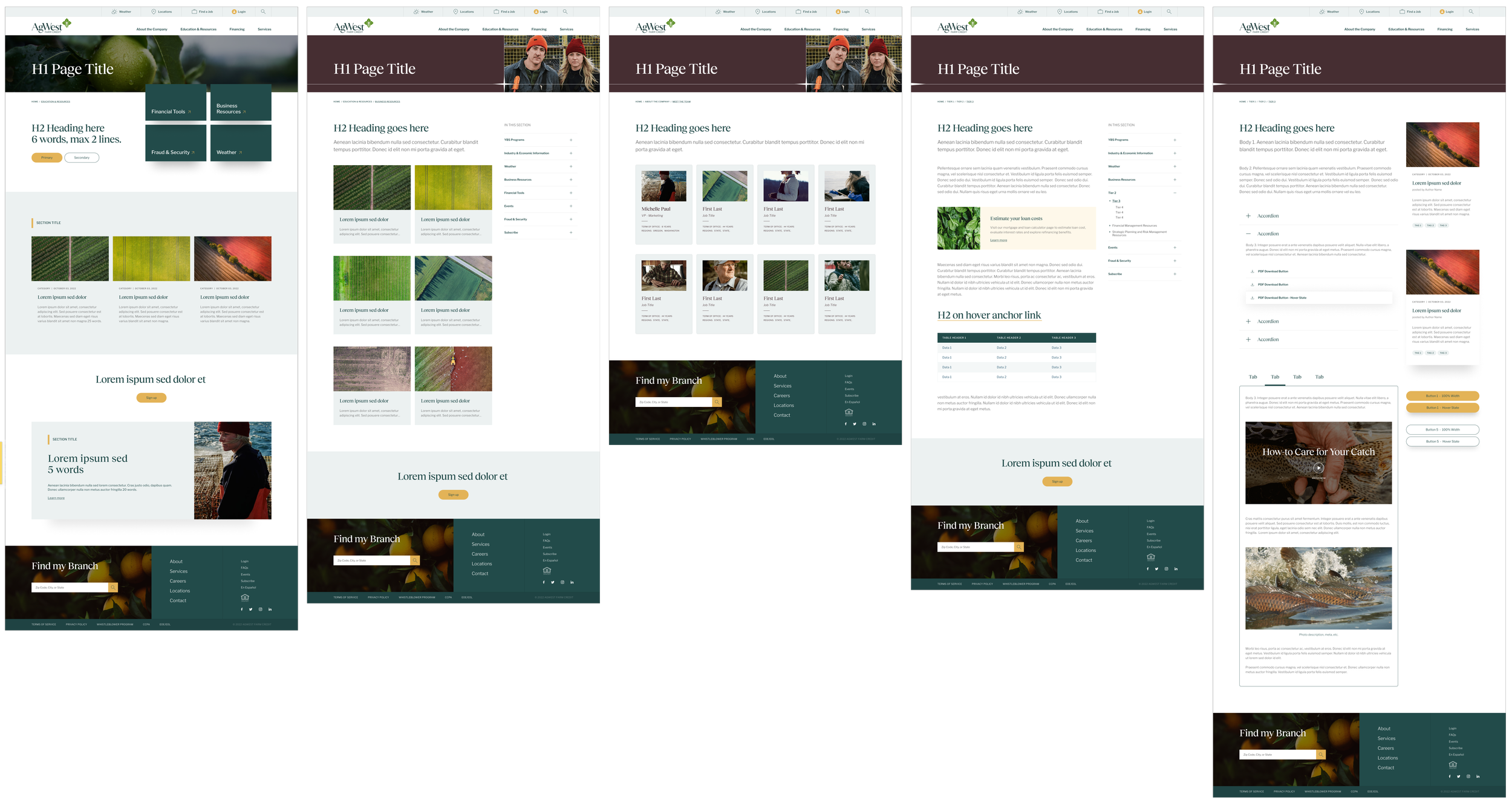 Multiple webpage designs showing layout and content variations for a site related to agriculture or nature, featuring images of crops, plants, and outdoor scenes, with sections for headings, text, and navigation menus.