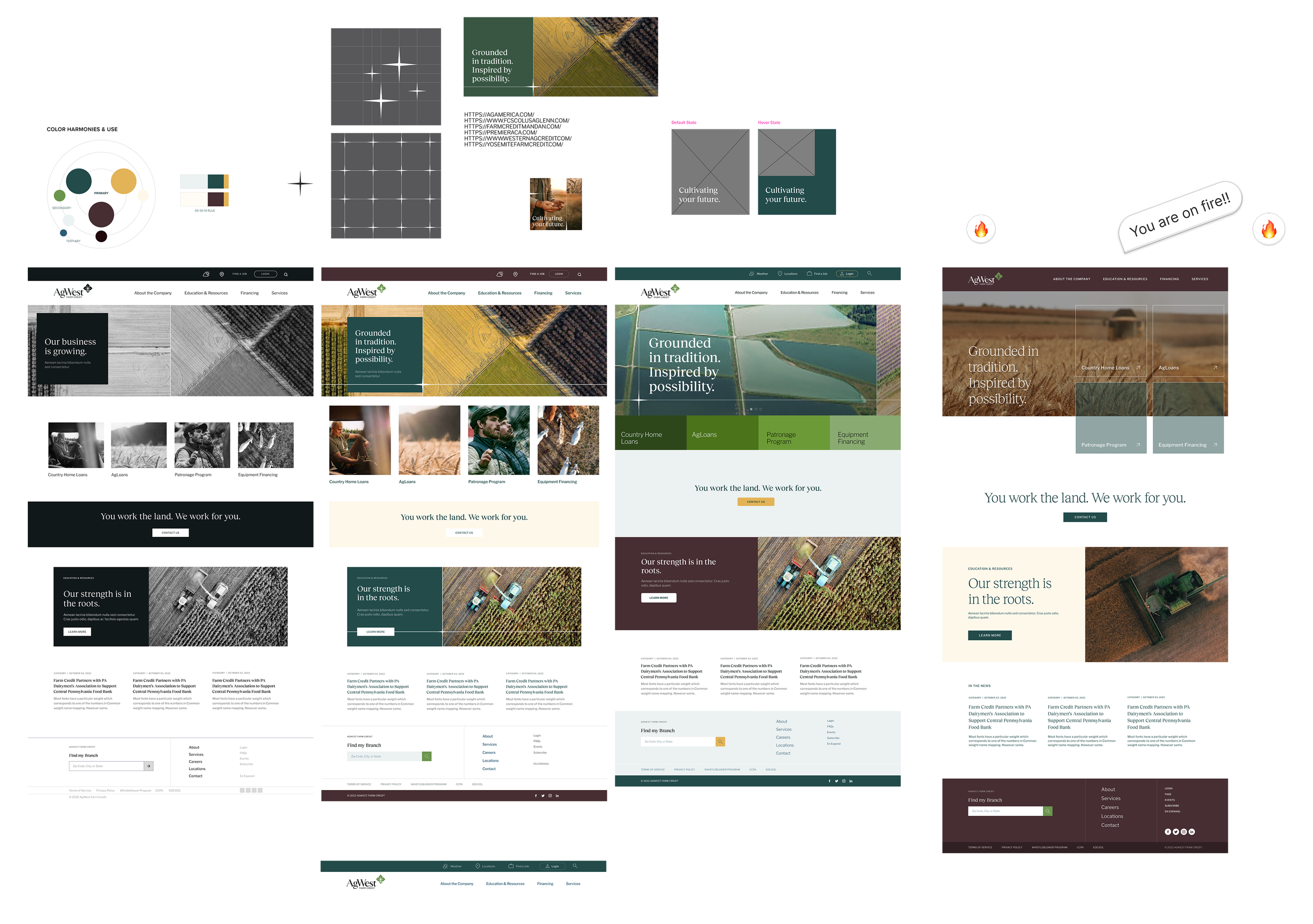 Collage of website layouts for AgWest, an agricultural finance and services company, featuring farm imagery, charts, and company slogans.