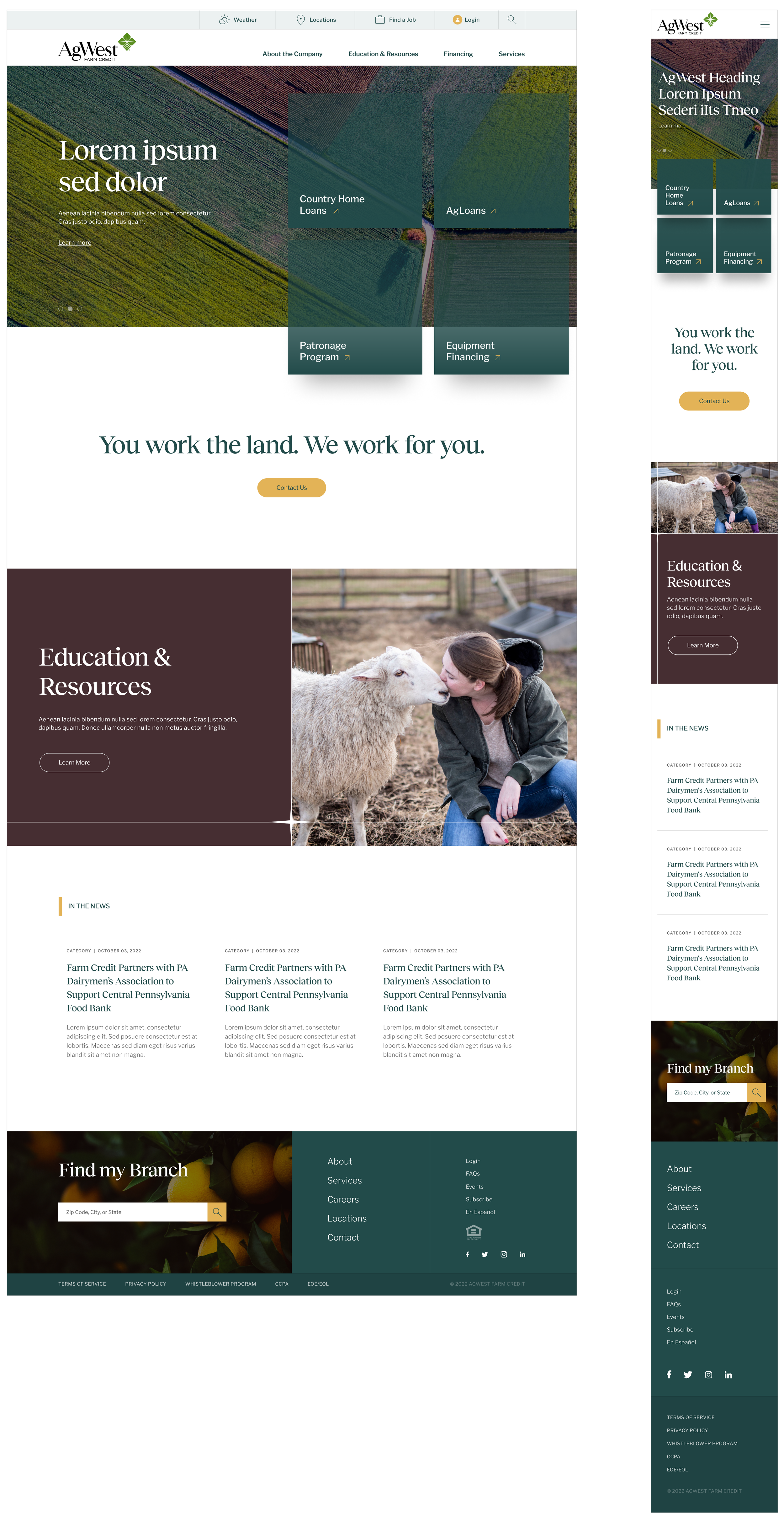 AgWest Farm Credit website homepage featuring farm imagery, menu options, and sections about loans, education resources, news, and branch locator.