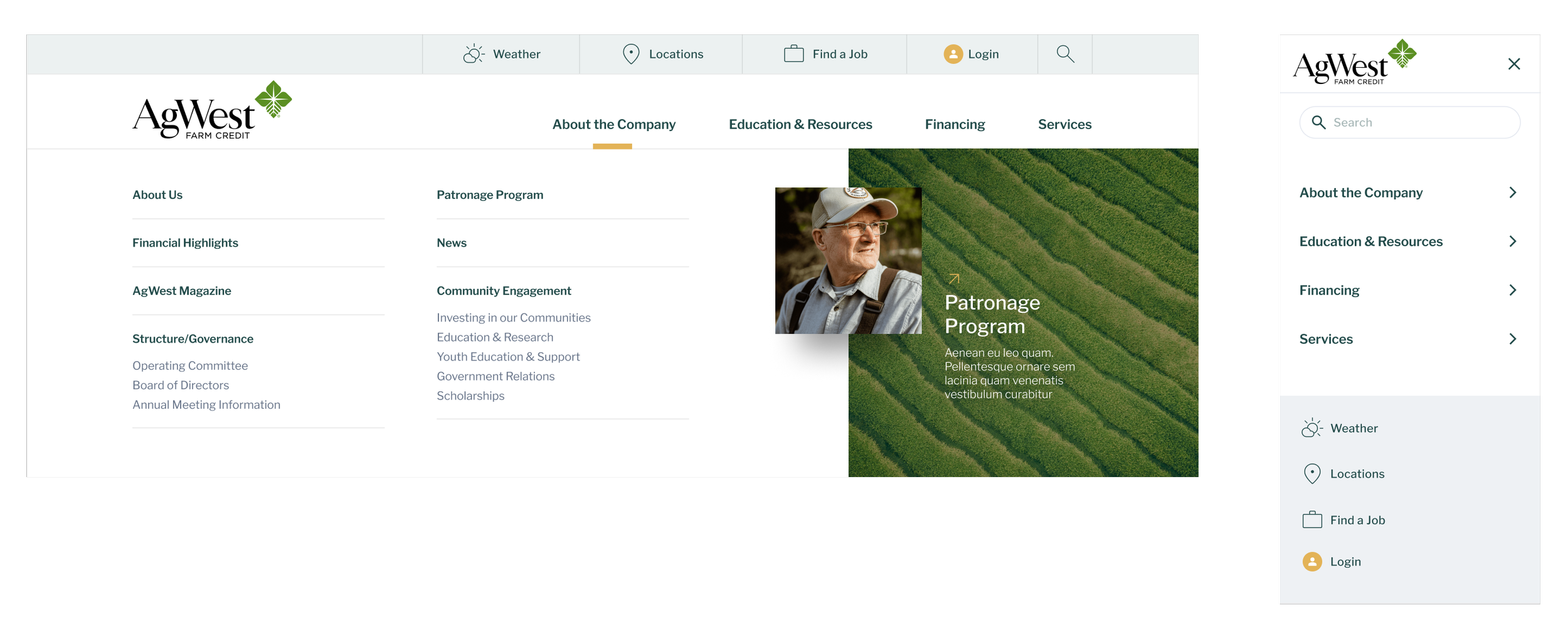 Responsive website interface of AgWest Farm Credit, displaying menu options such as About Us, Financial Highlights, AgWest Magazine, Structure/Governance, Patronage Program, News, Community Engagement, and a featured section on the Patronage Program with an image of an older man with glasses and a cap.
