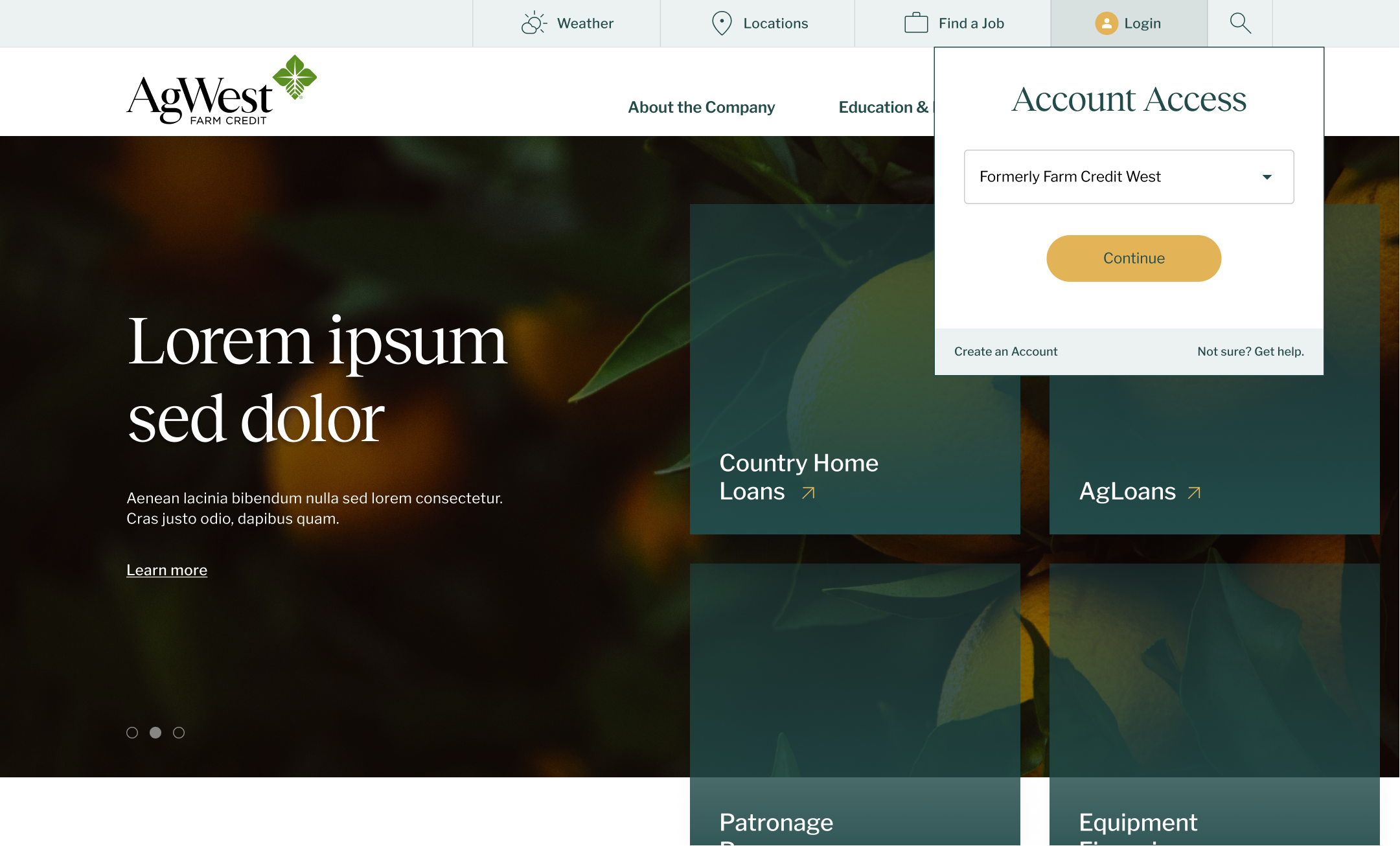 Screenshot of a website with the logo 'AgWest Farm Credit' at the top, a background image of green leaves and oranges, a menu bar with options for Weather, Locations, Find a Job, Login, and Search. An overlay window titled 'Account Access' shows a dropdown for account type and a yellow 'Continue' button. The webpage features sections labeled 'Country Home Loans', 'AgLoans', 'Patronage', and 'Equipment'.