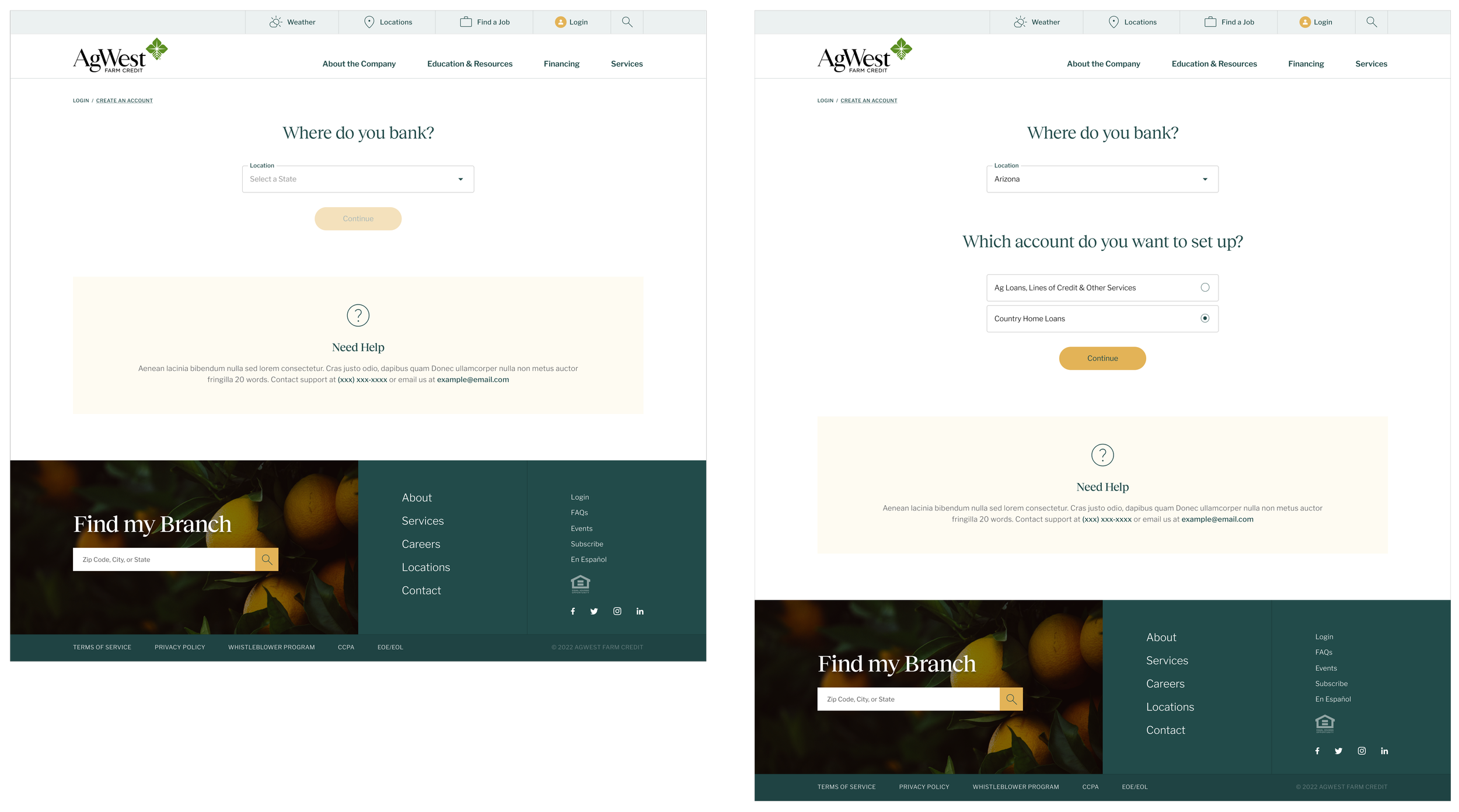 Website's loan application pages showing the process of selecting a state and account type, with navigation menus and a brand logo for AgWest Farm Credit at the top.