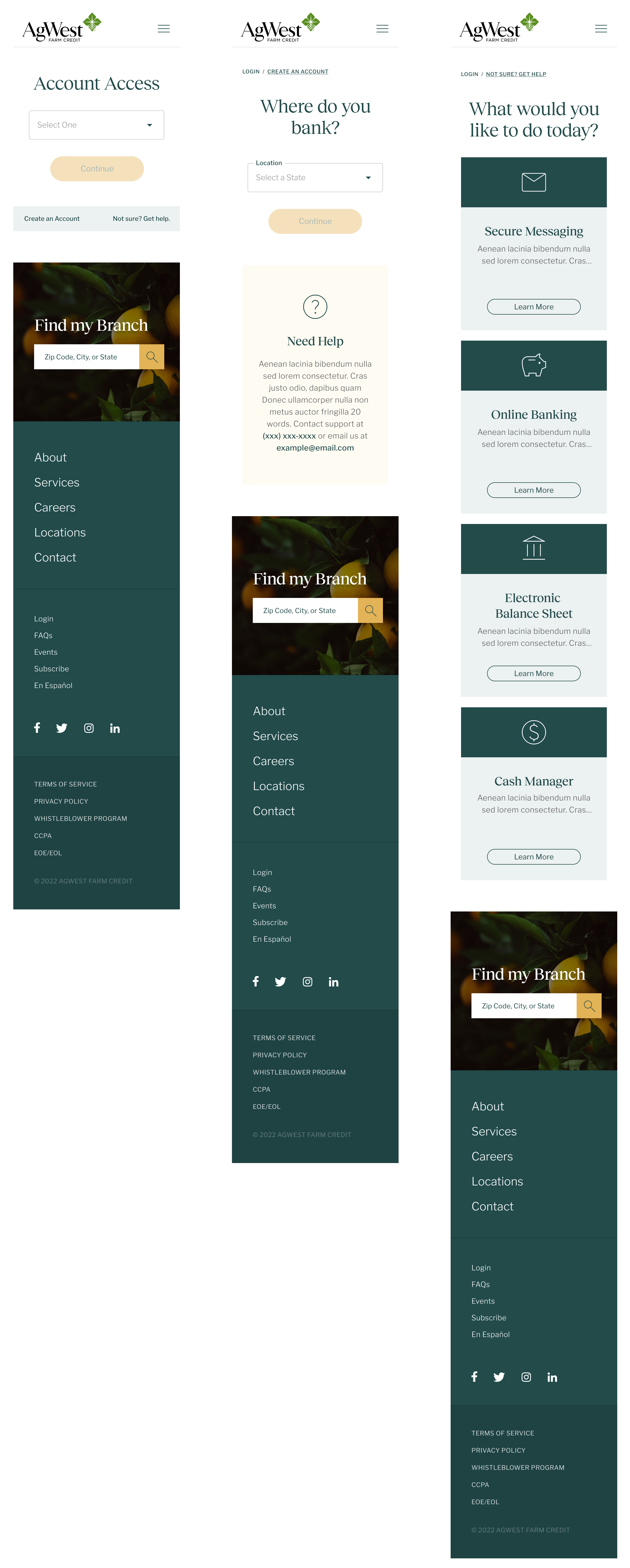 Mobile banking website for AgWest Farm Credit, displaying sections for account access, branch locator, customer assistance, and online banking services.