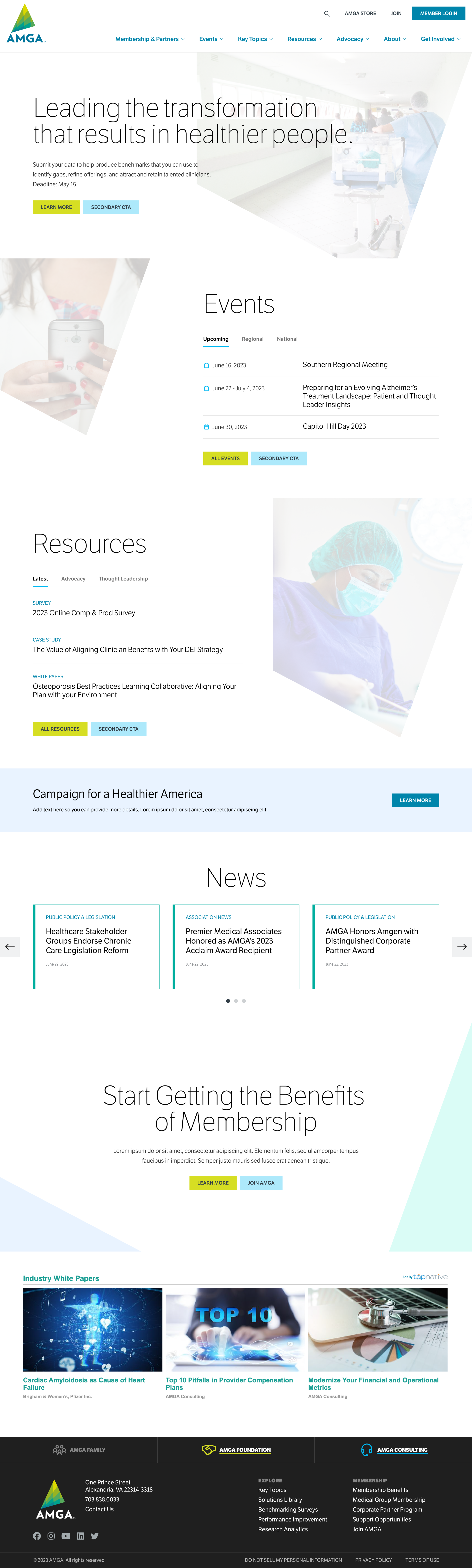 American Medical Group Association (AMGA) website homepage, showing sections on transforming healthcare, upcoming events, resources, news articles, and membership benefits.