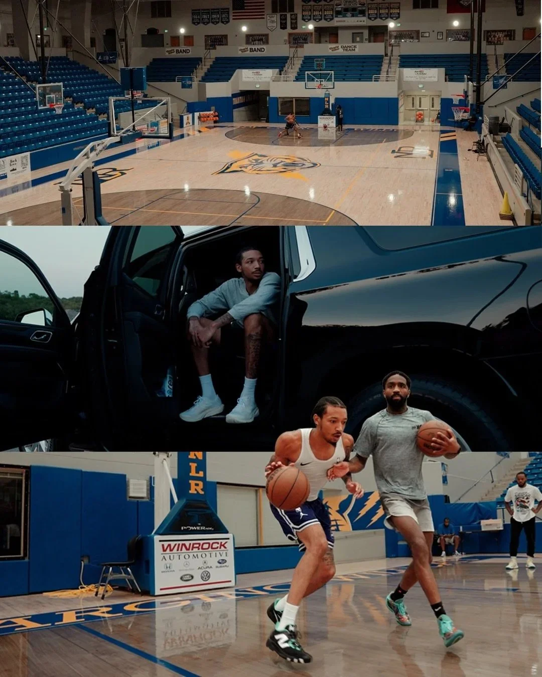 Three-part collage with an empty indoor basketball court, a young man sitting in a black vehicle, and two basketball players practicing on a court.