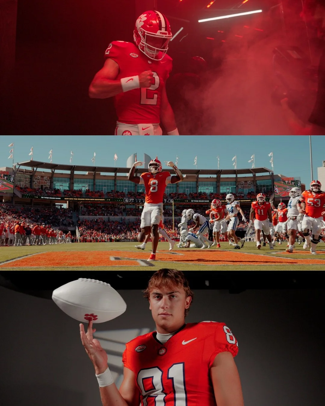 Three scenes of football players: the first shows a player in a red uniform with the number 2, the second shows a player in a red jersey with the number 8 celebrating on the field with fans in the background, and the third shows a young player in a red jersey with the number 81 holding a football.