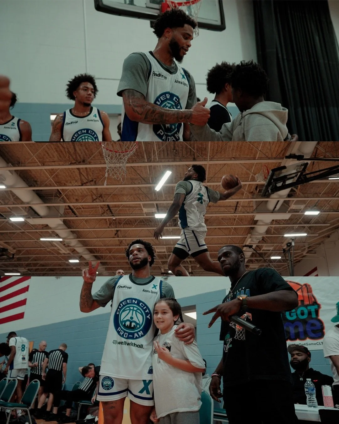 A basketball player in a Queen City Pro-Am jersey receives a handshake after a game, while another player jumps with the ball on the court. Fans and officials are visible in the background.