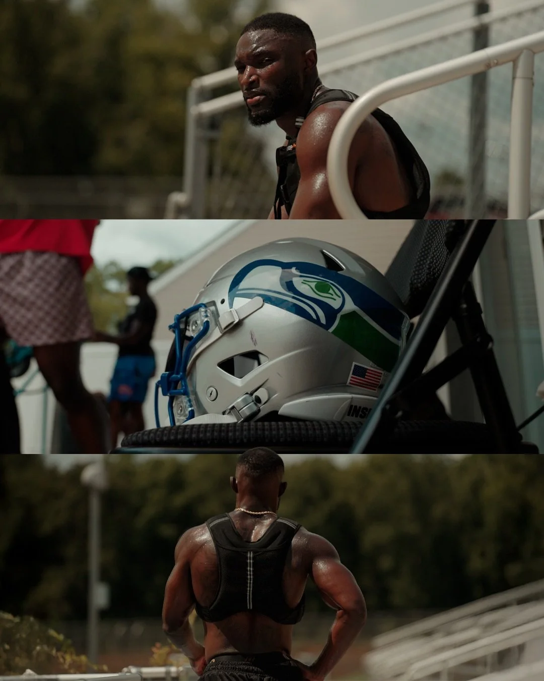 A collage of three images: The top shows a muscular man with dark skin and short hair sitting on a bench, sweaty and looking serious. The middle features a close-up of a Seahawks football helmet with a person and a woman in the background. The bottom displays the back of a man with dark skin, wearing a black vest and a chain necklace, standing outdoors with his hands on his hips and looking away.