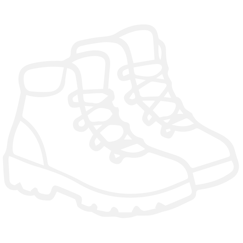 Outline of a pair of hiking boots or outdoor shoes on a black background.