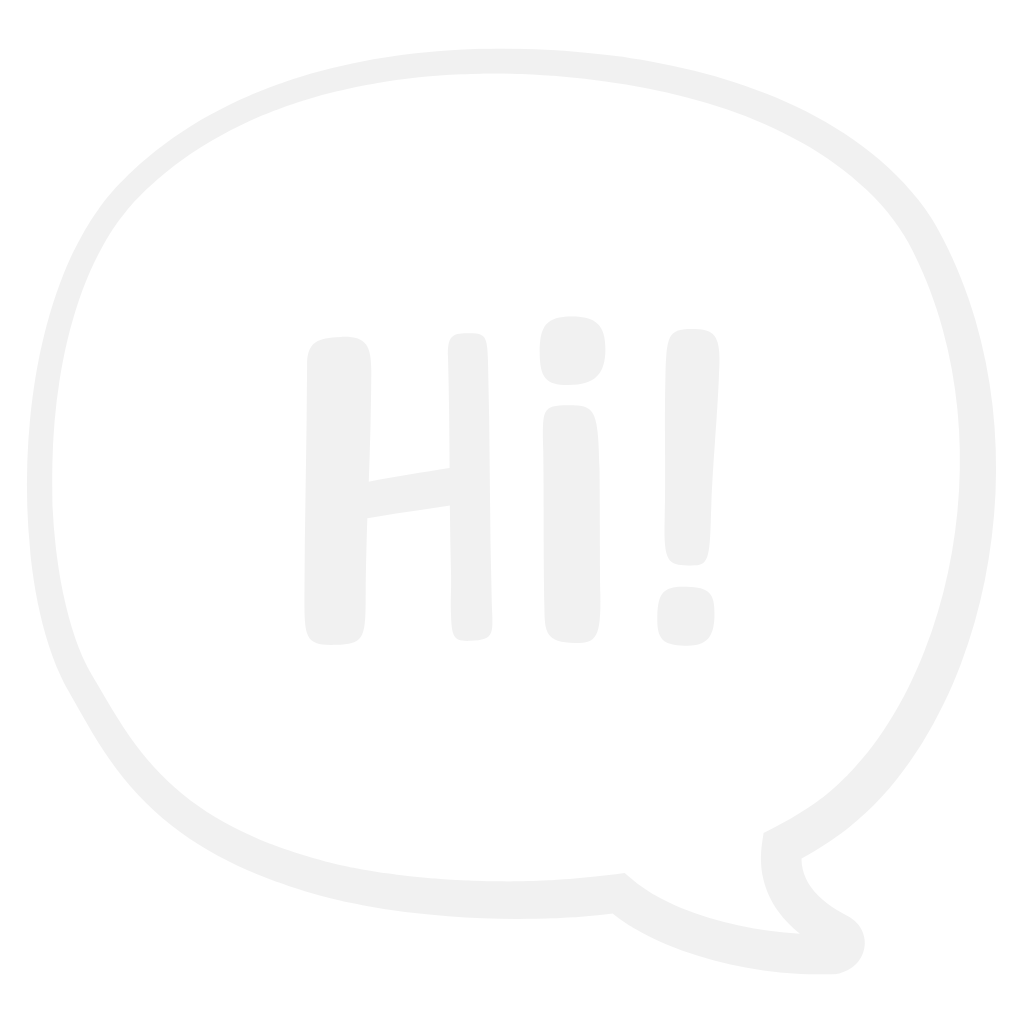 Black speech bubble with the word "Hi!" in white text.