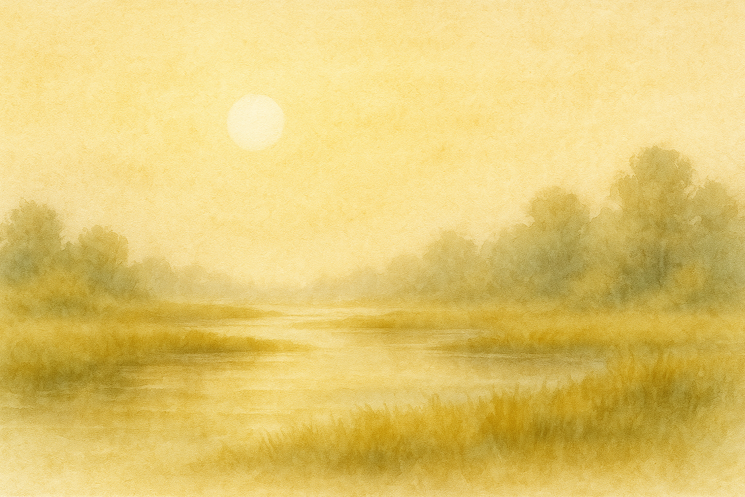 A painting of a misty river landscape at sunrise with trees on the riverbank and a sun in the sky, in soft yellow and green tones.