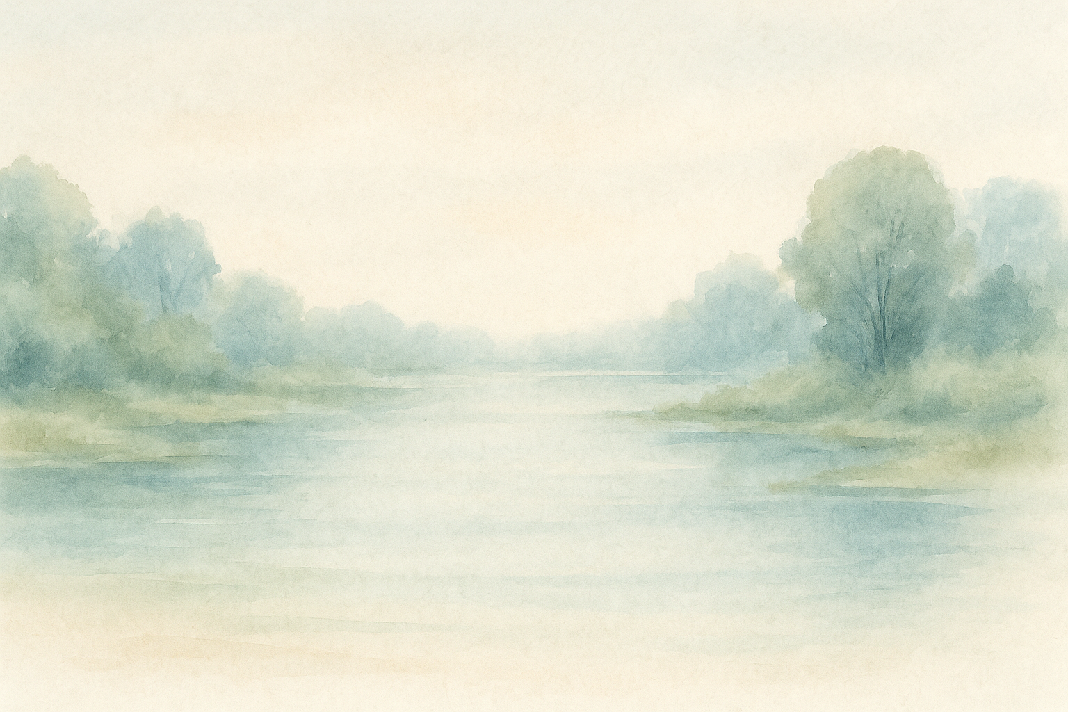 A watercolor painting of a calm river scene with trees on both sides, soft colors, and a misty atmosphere.