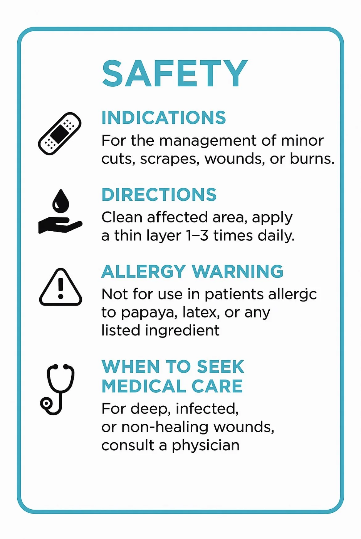 Safety instructions sign with symbols for bandage, wound, and stethoscope, including directions for use, allergy warning, and when to seek medical care.