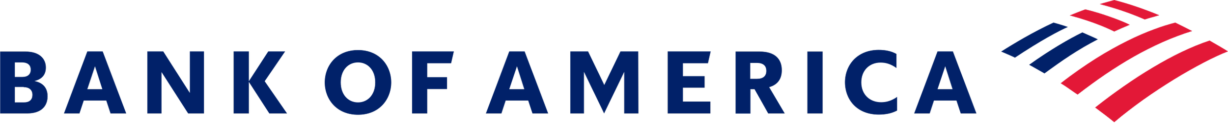 Bank of America logo with dark blue text and red, blue, and black stylized American flag on top right.