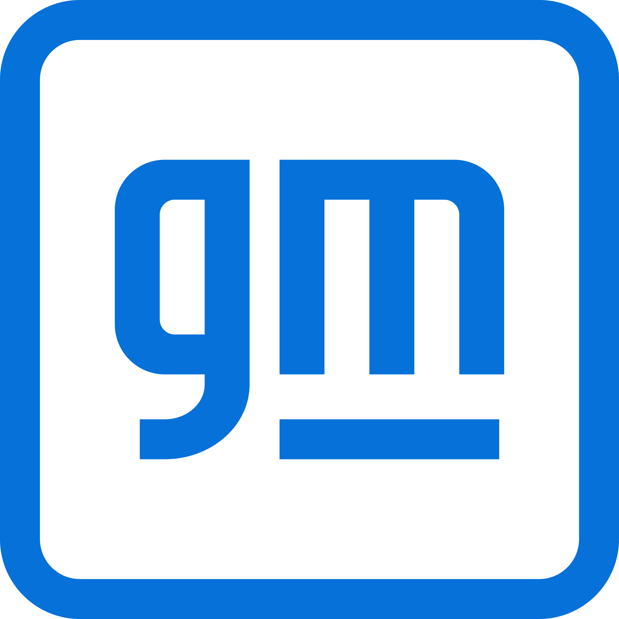 The GM logo, which features the blue letters 'GM' on a black background inside a blue-rounded square.