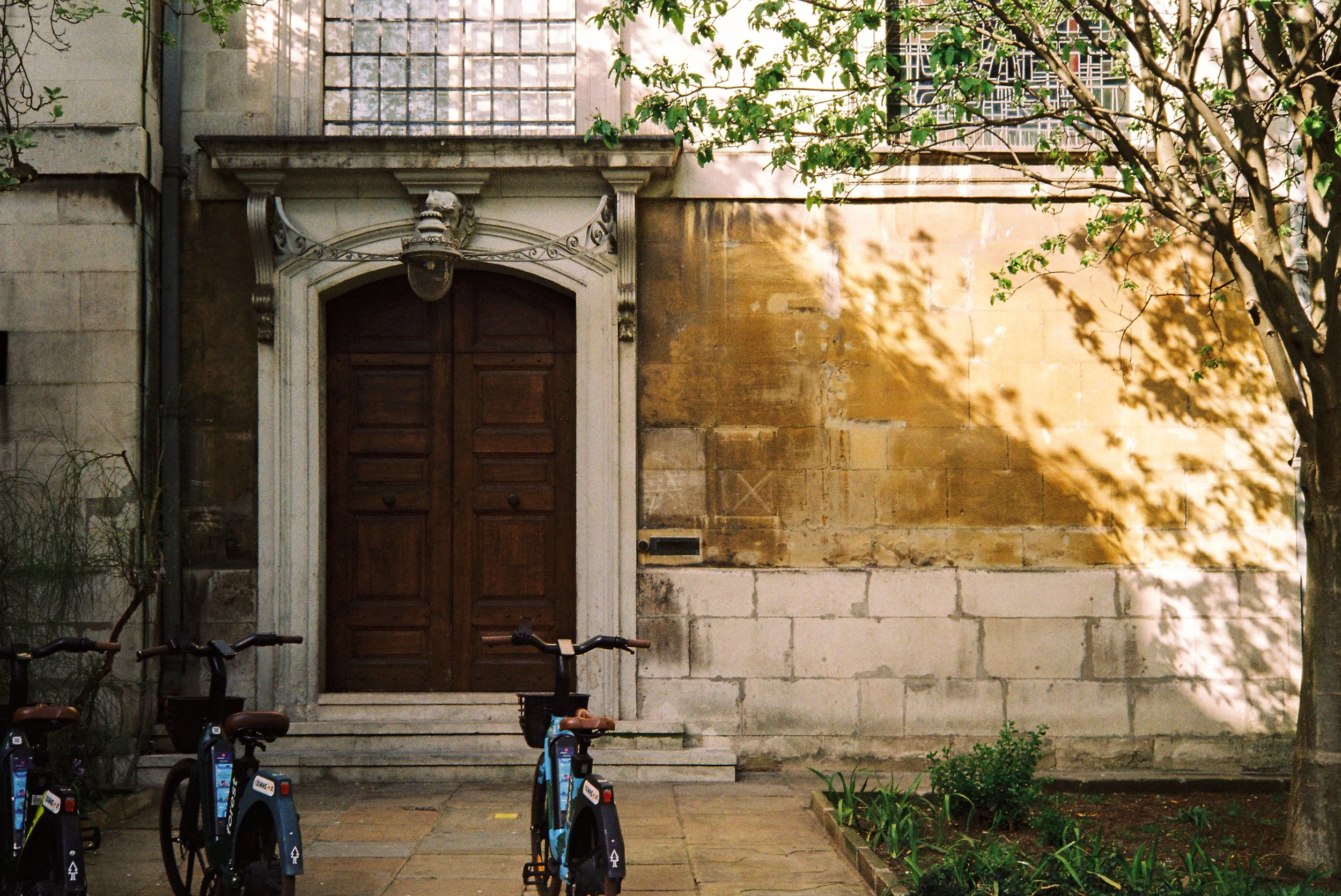 Old building with a large wooden door, stone and brick walls, and decorative stonework around the entrance. Trees and bicycles are in front.  Photographed by Julia Tran in London, United Kingdom. Photographed on 35mm film. 