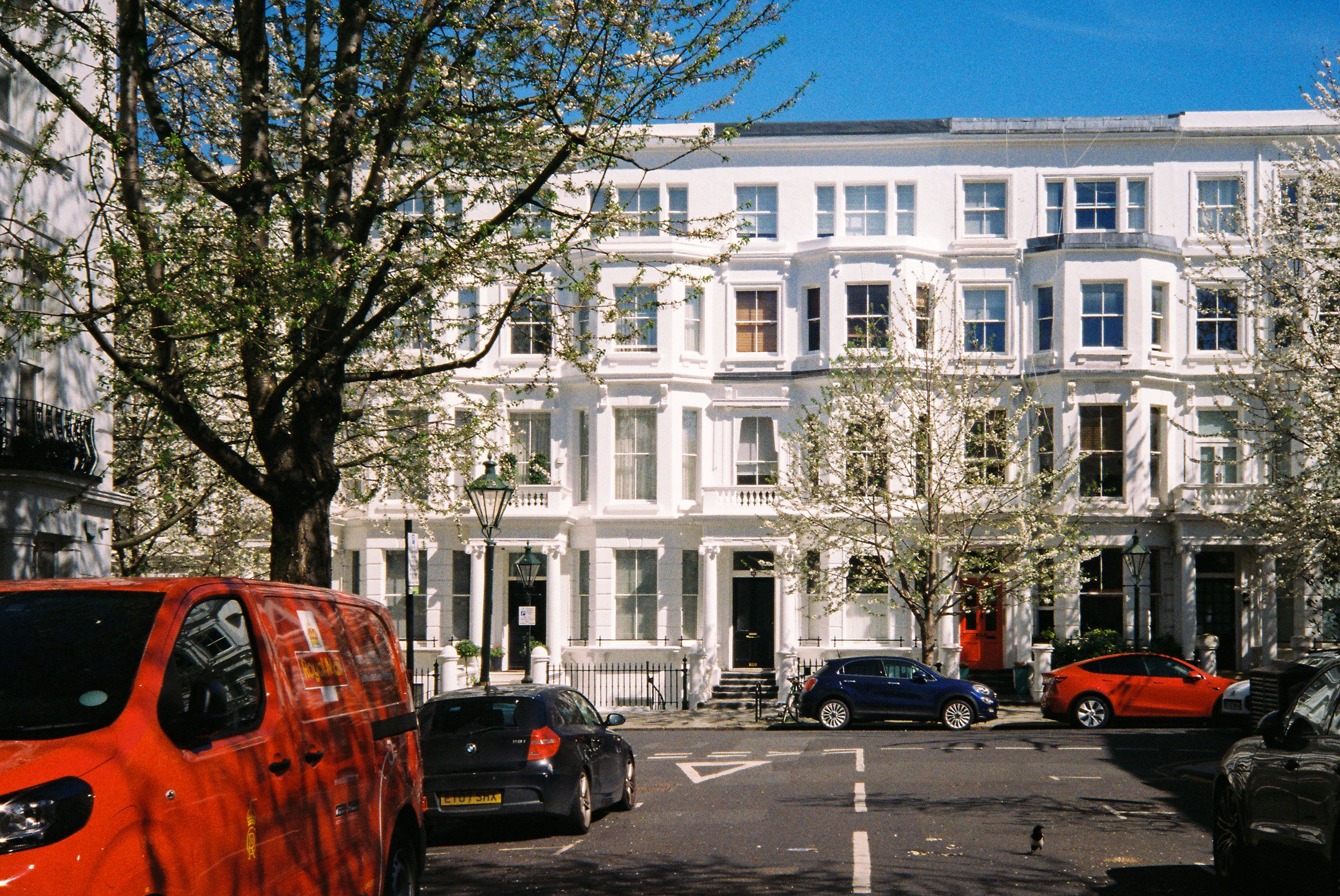 A street scene with parked cars in front of a white multi-story building with multiple windows. There are blooming trees with white flowers in the foreground, and a clear blue sky overhead.  Photographed by Julia Tran in London, United Kingdom.