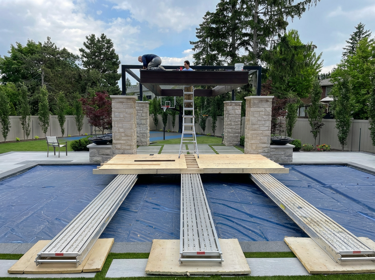 Construction workers installing a deck or patio structure over a swimming pool with blue tarp, surrounded by a backyard with trees, a basketball hoop, and patio furniture.