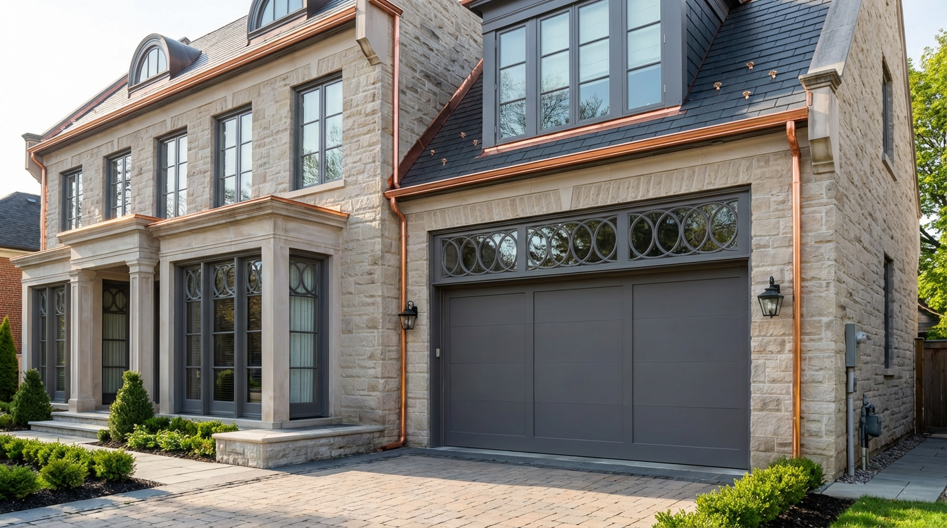 Front exterior of a modern, multi-story house with a stone facade, large bay windows, decorative iron window accents, and a dark gray garage door. The house has copper guttering and lush landscaping with trimmed bushes and a paved driveway.
