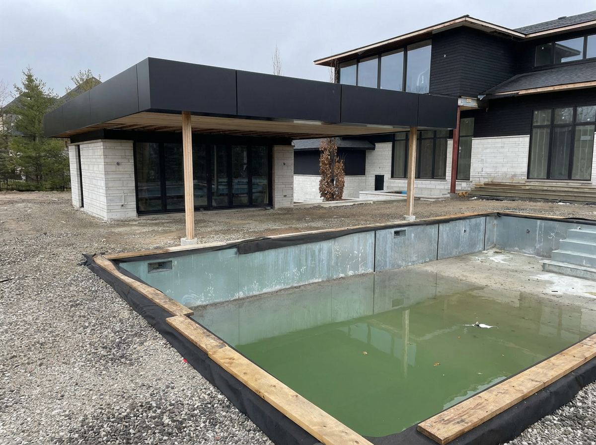Empty swimming pool with greenish water and a partially constructed deck around it in front of a modern house, with some construction materials and gravel on the ground.