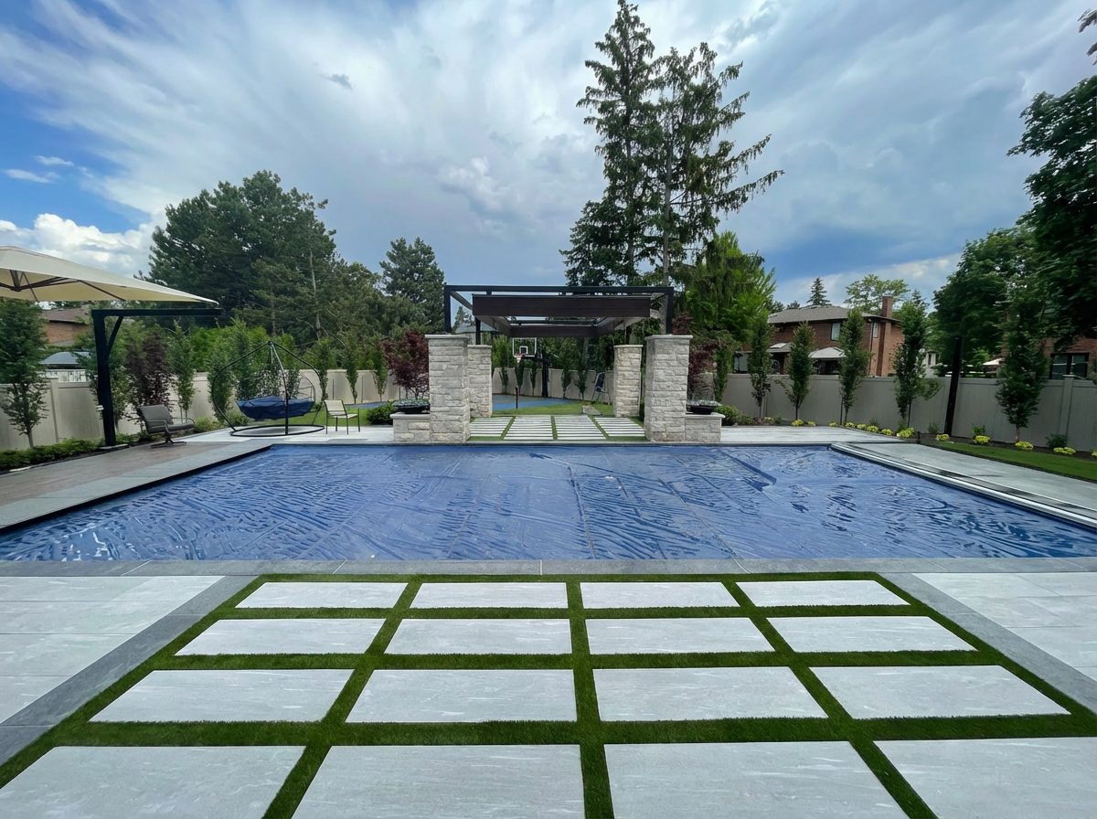 Backyard with a swimming pool covered with a blue pool cover, surrounded by gray tile flooring, with a private fence, trees, and outdoor seating including chairs, an umbrella, and a porch swing in a landscaped yard.