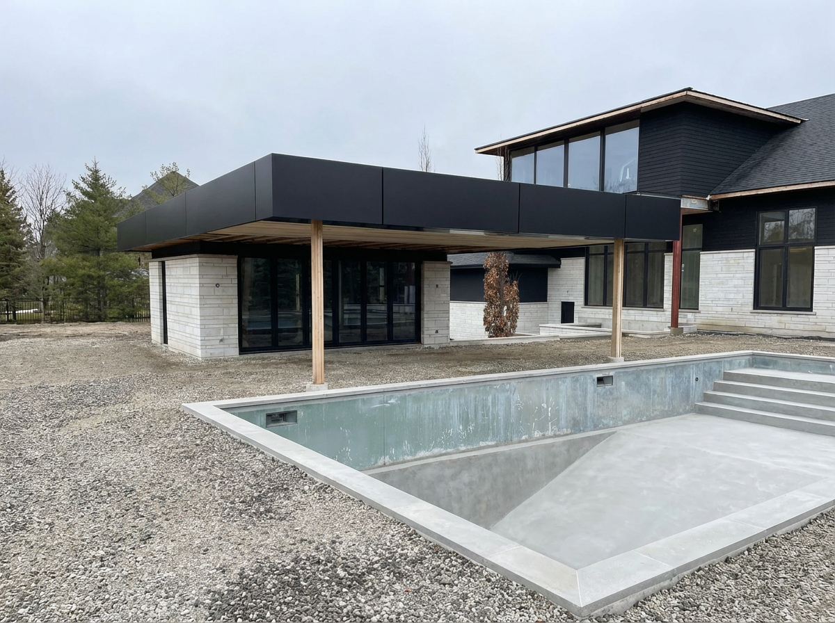 Modern house with a black roof and white brick walls, overlooking an empty swimming pool, with gravel around it and some trees in the background.
