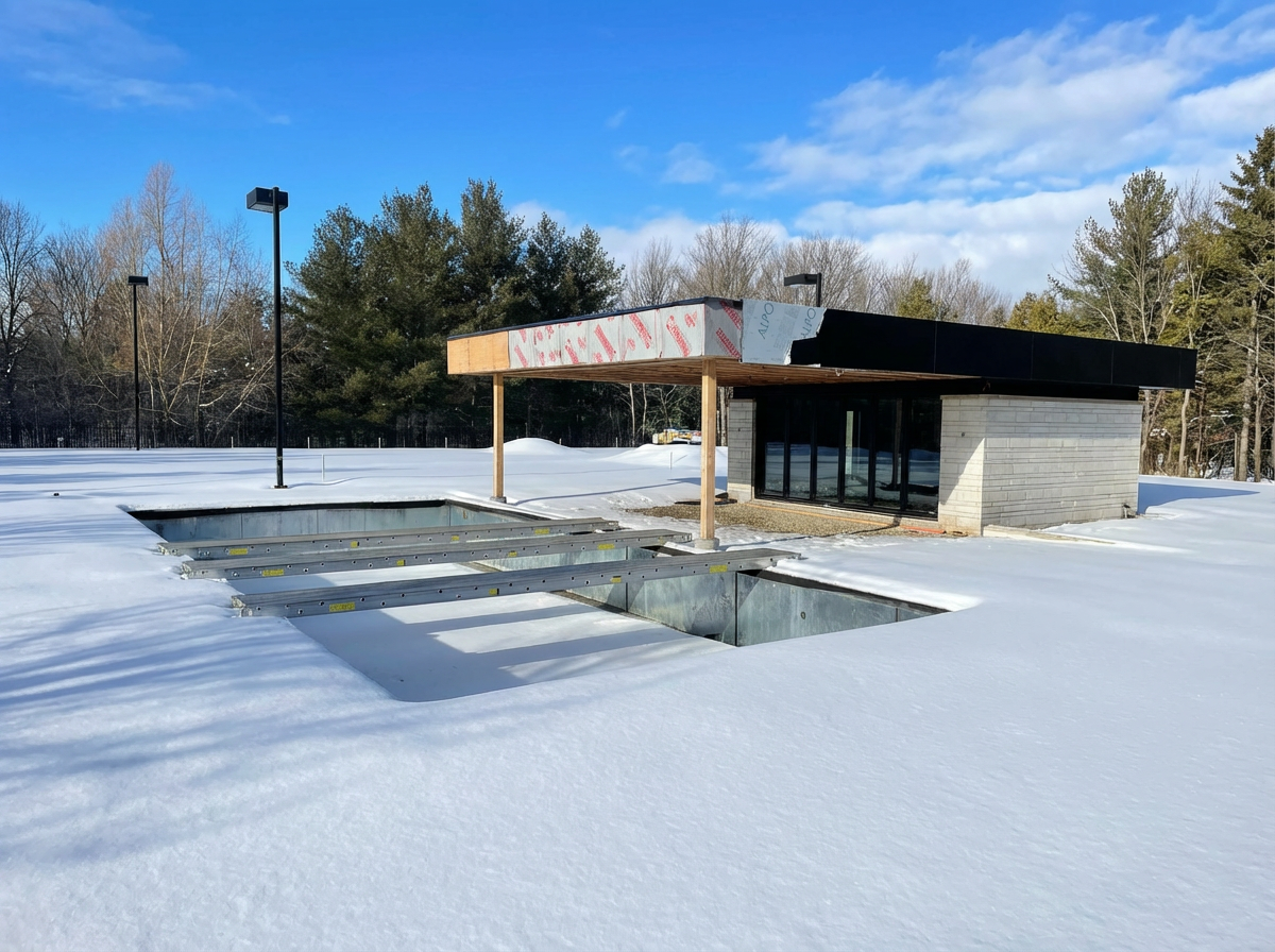 A modern building under construction surrounded by snow, with an open swimming pool or similar structure in the foreground and a wooded area in the background.