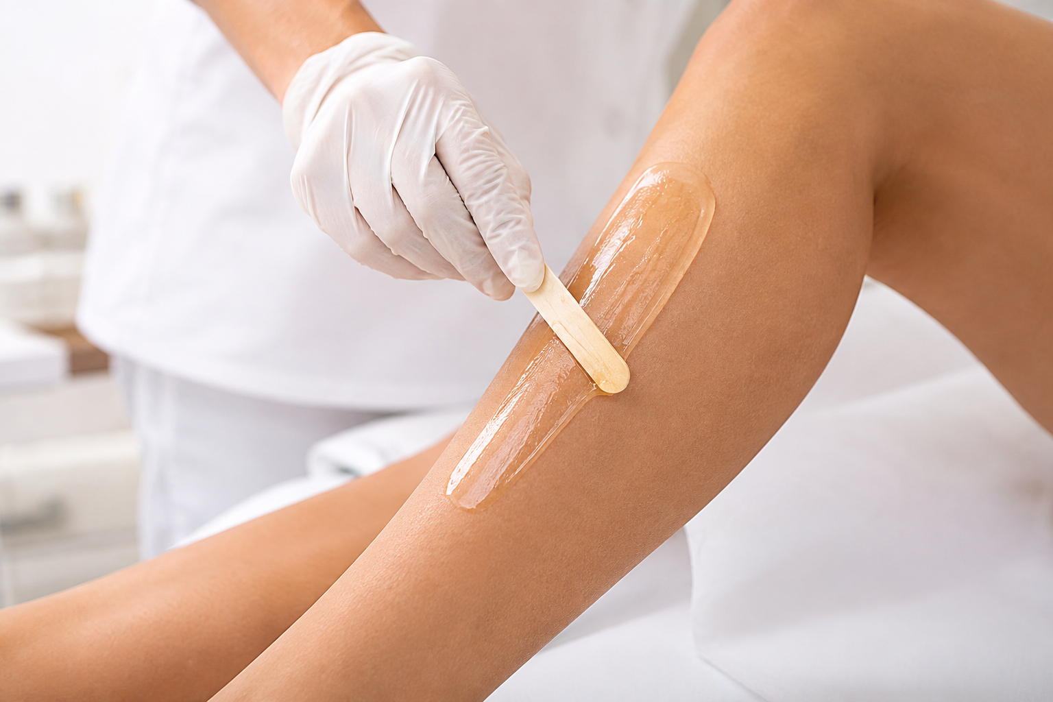 Professional application of soft wax onto the front of the shin. Employee is wearing white gloves.