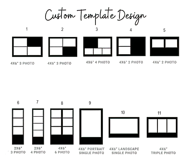 A graphic showing 11 different custom photo collage templates, each with a label indicating size and number of photos, arranged in a grid with seven templates in the first row and four in the second.