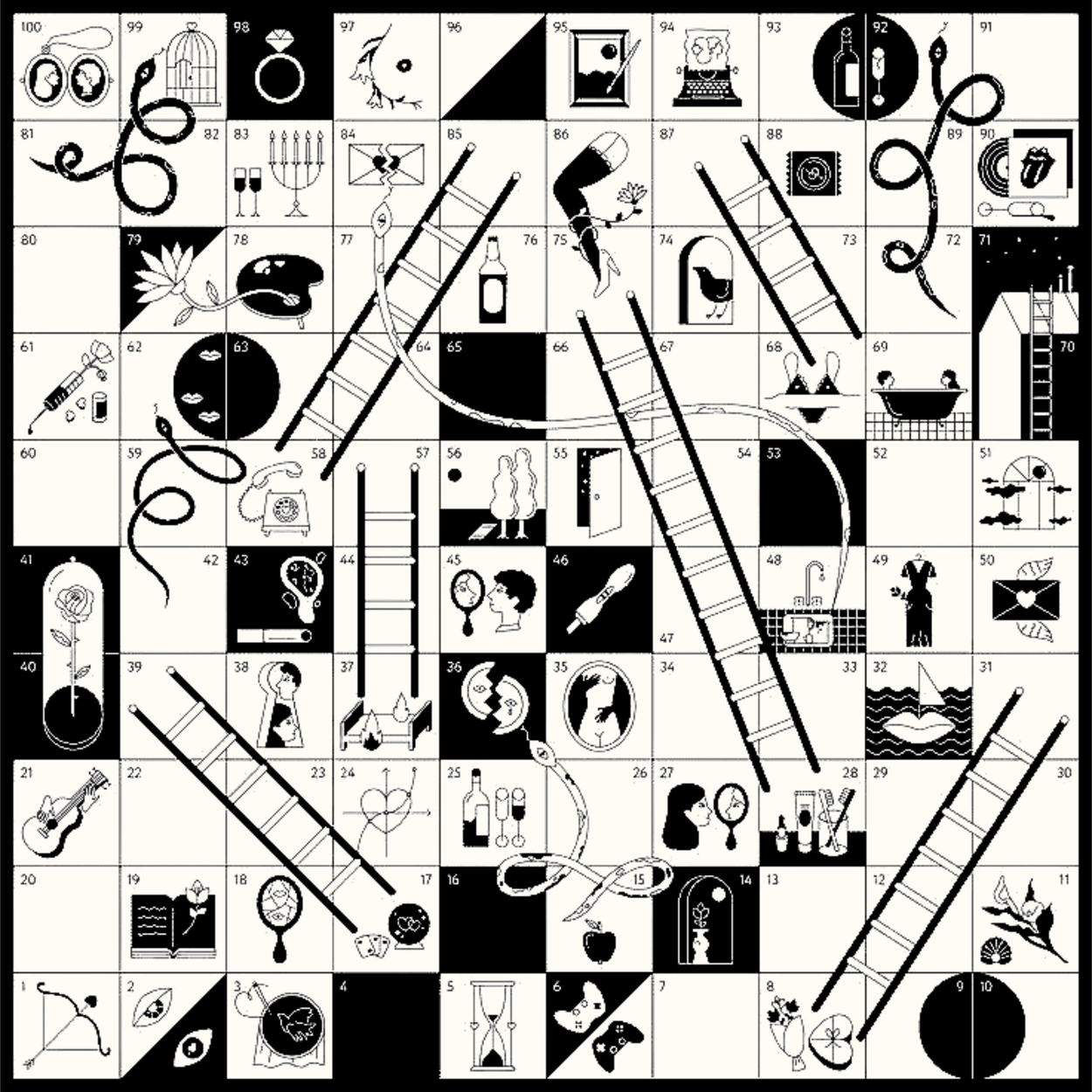 A black and white illustration of a bingo card with various images and symbols, including ladders and riddles.
