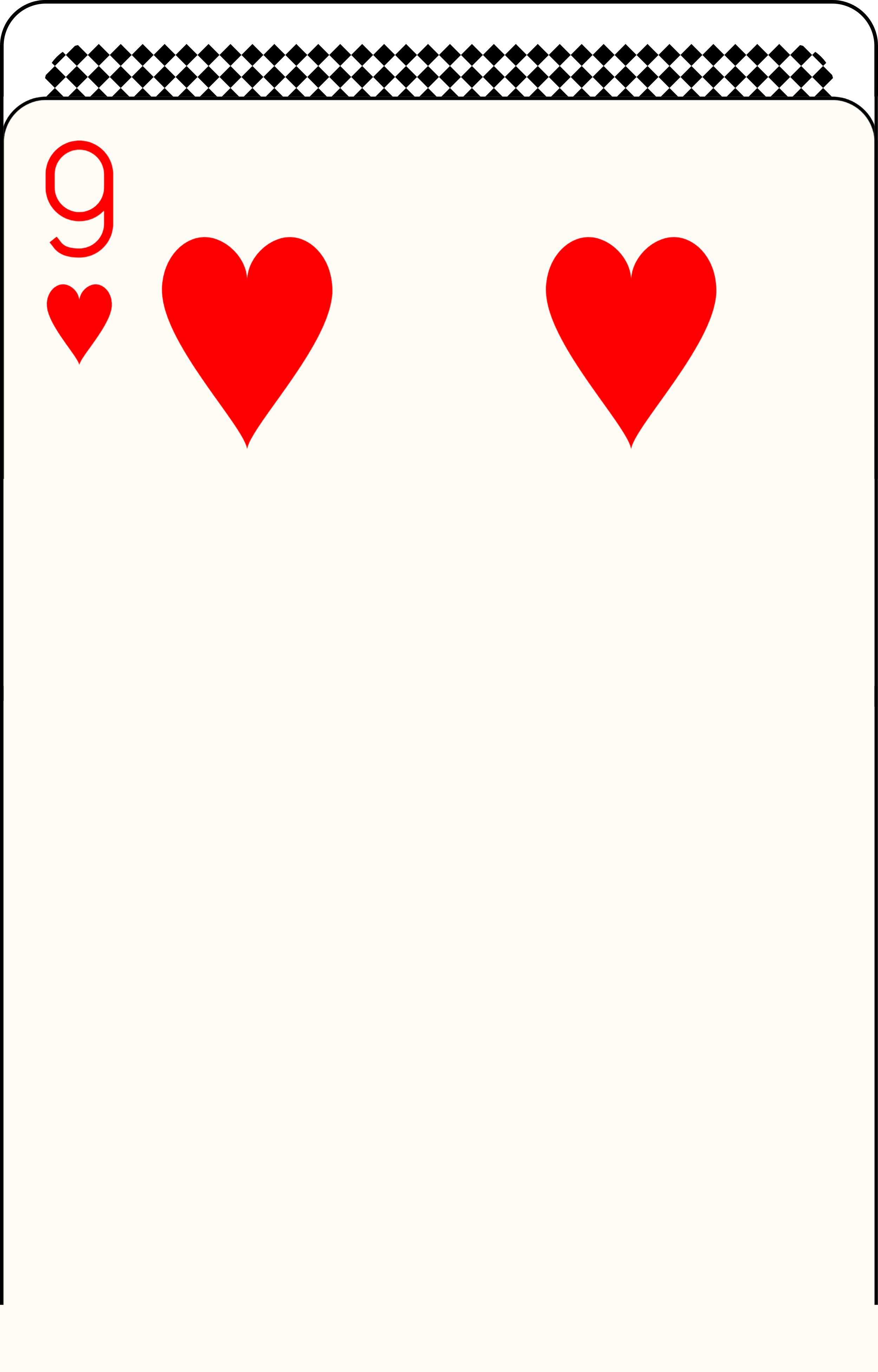 A playing card, the nine of hearts, with two red heart symbols and the number nine printed on it.